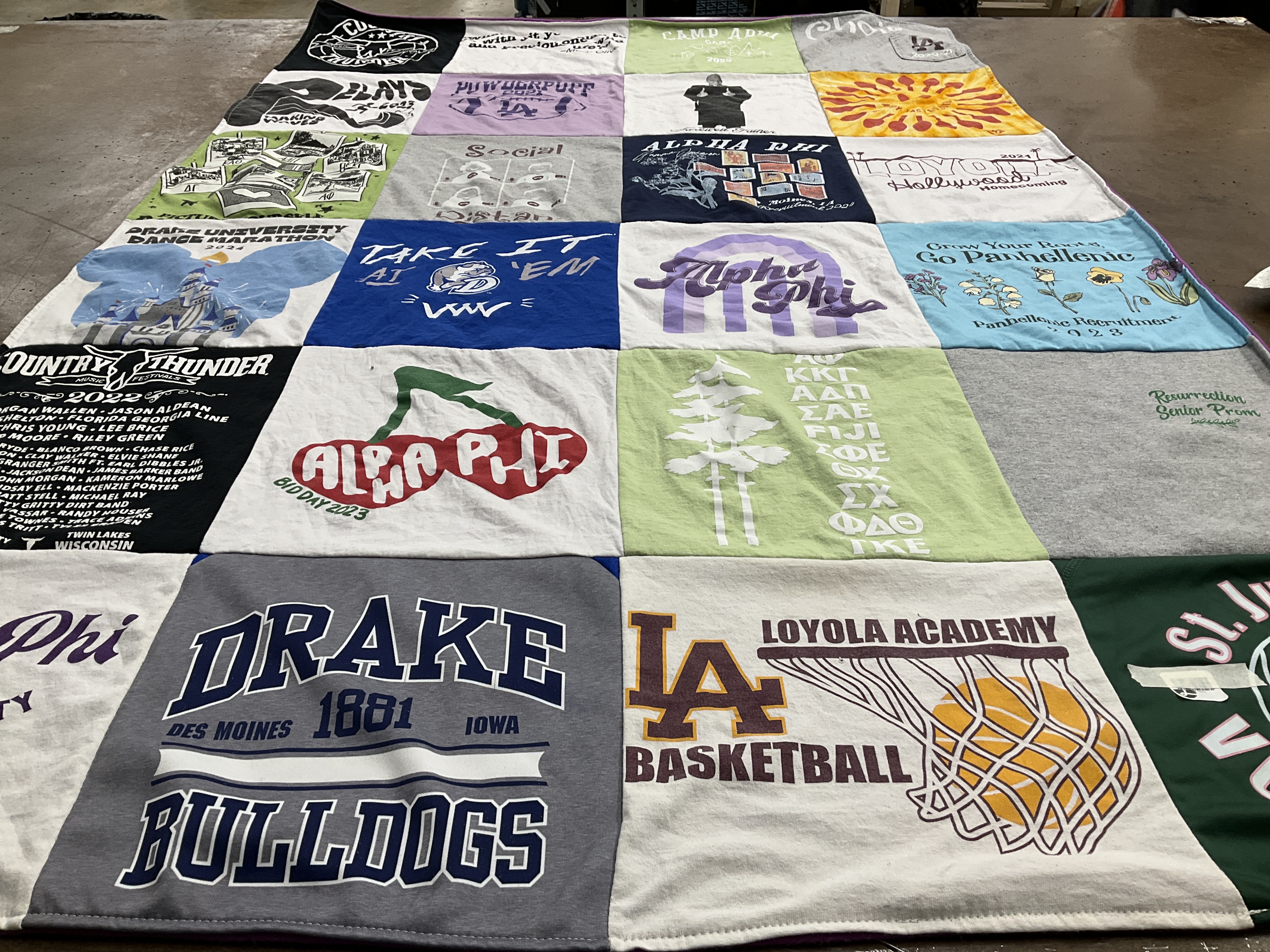 T-shirt quilt from drake university, loyola academy by Theresa from IA