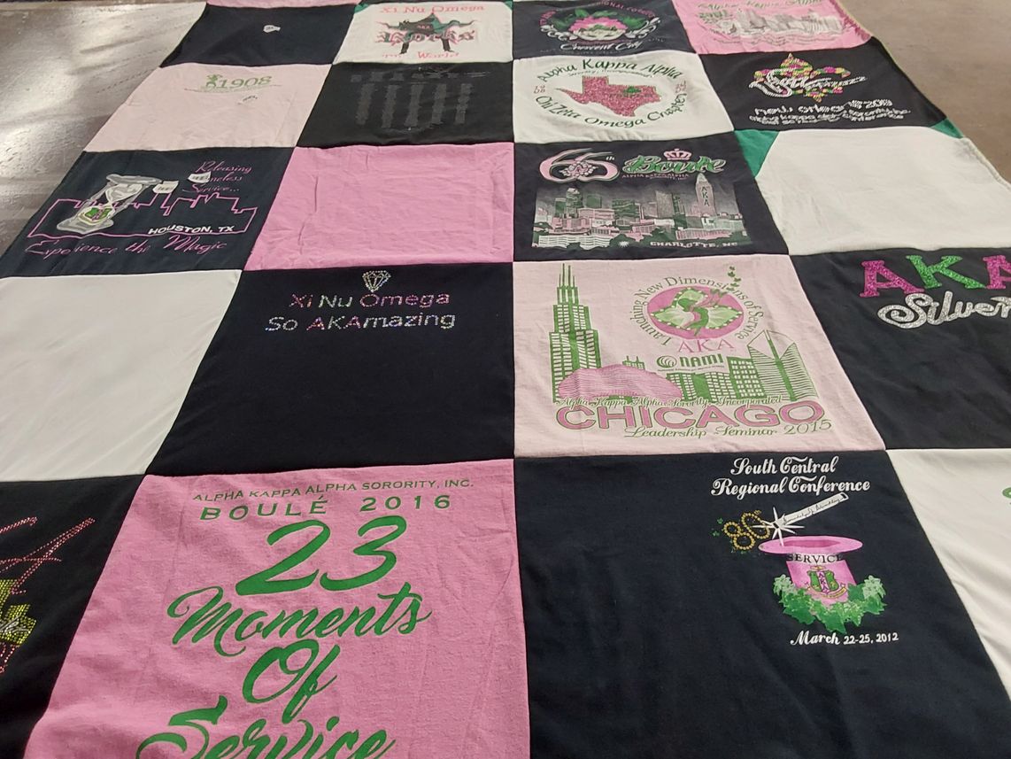 T-shirt quilt with sorority, community service themes by Tammi from TX