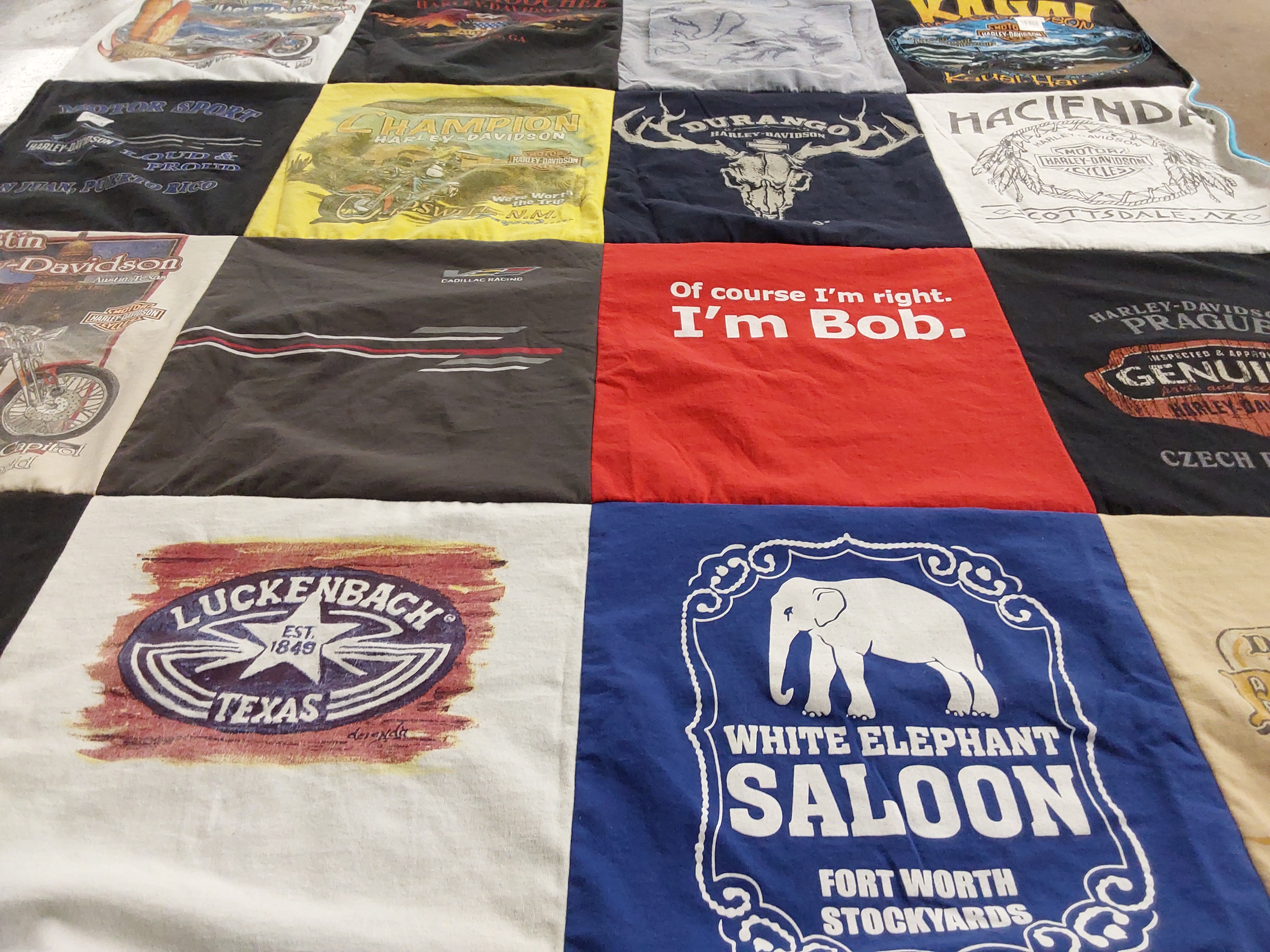 T-shirt quilt with motorcycles, biking themes by Linda from TX
