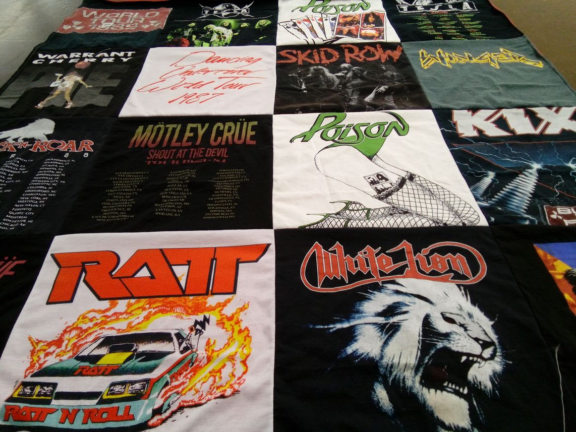 T-shirt quilt with music, rock themes by Ingrid from WI