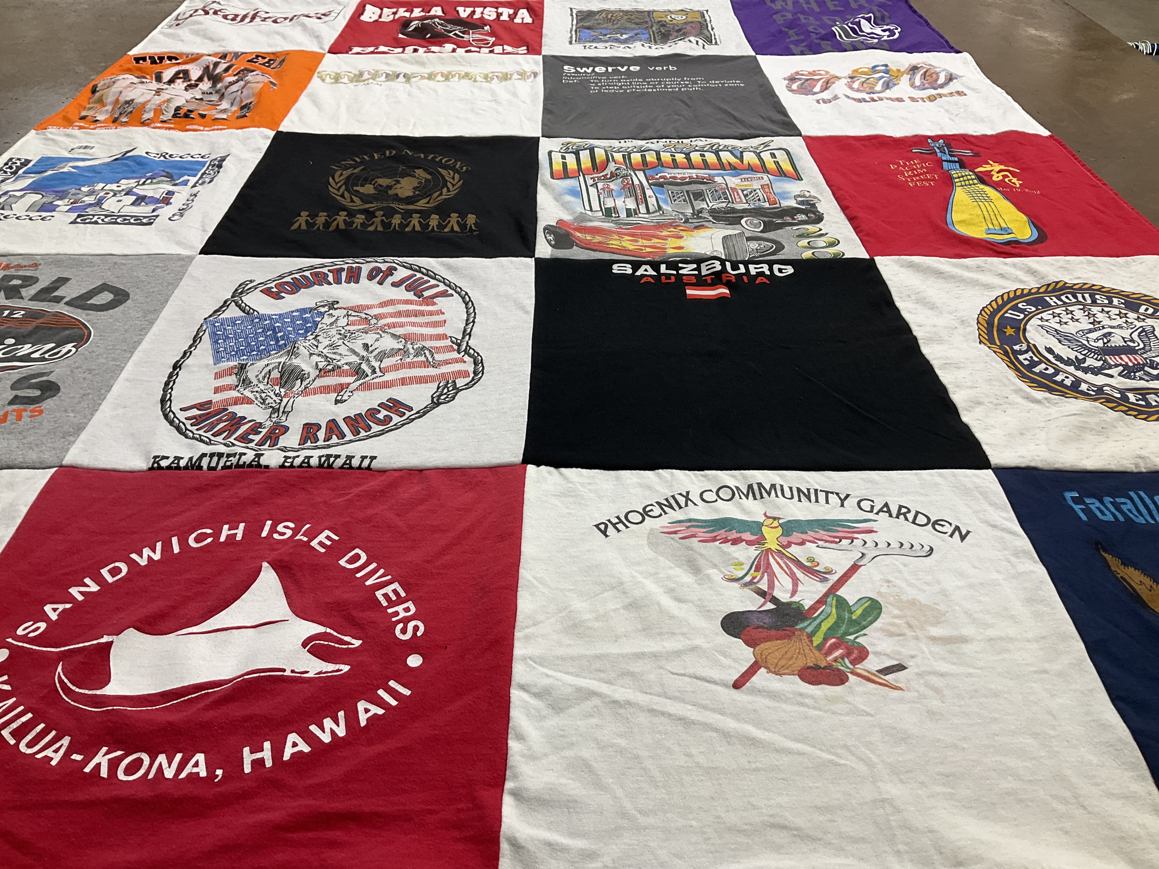 T-shirt quilt with gardening, travel themes by Christy from CA