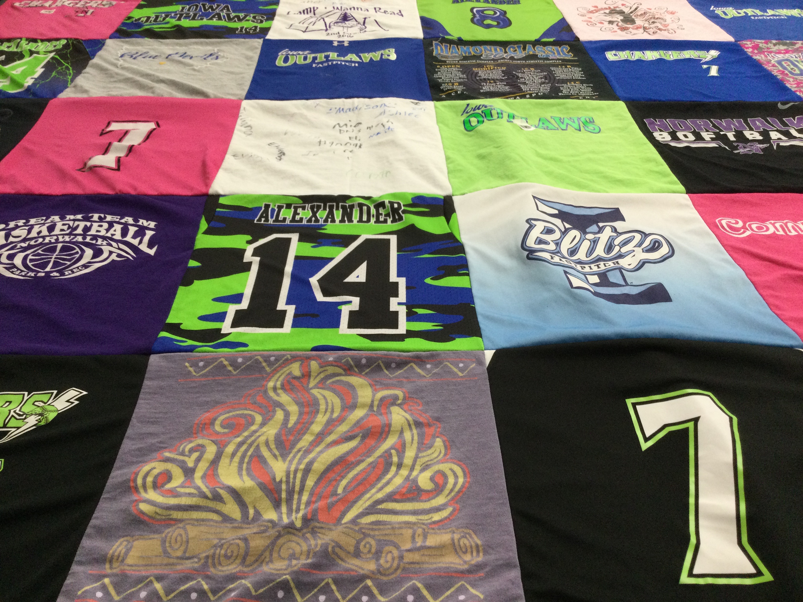 T-shirt quilt with sports, basketball themes by Carla from IA