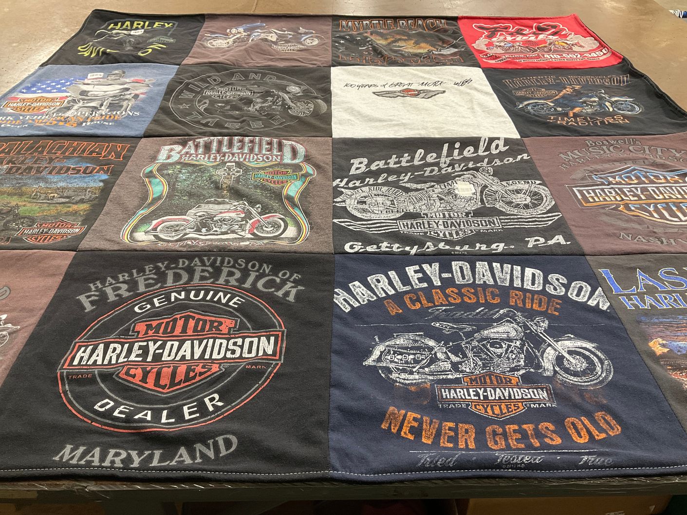 T-shirt quilt with motorcycles, biking themes by Carissa from MD