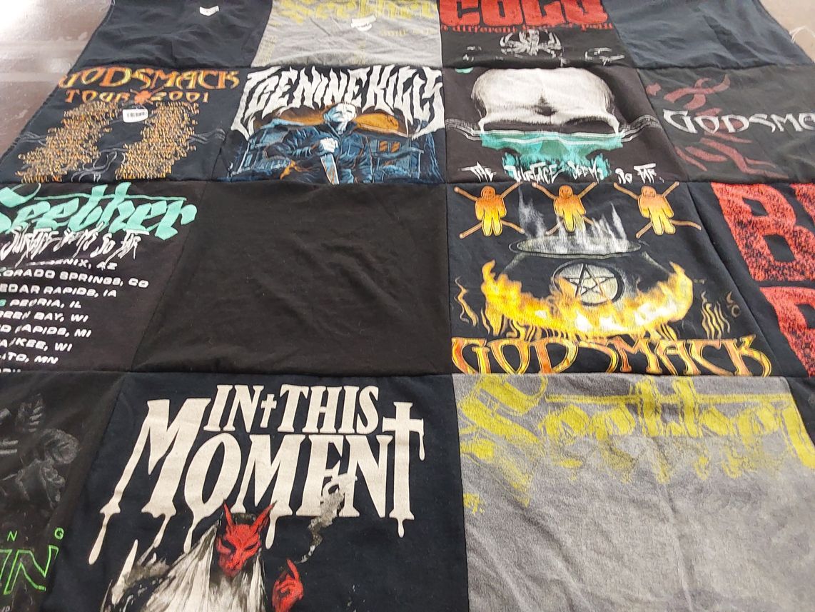 T-shirt quilt with rock music, music festivals themes by Sarah from IA