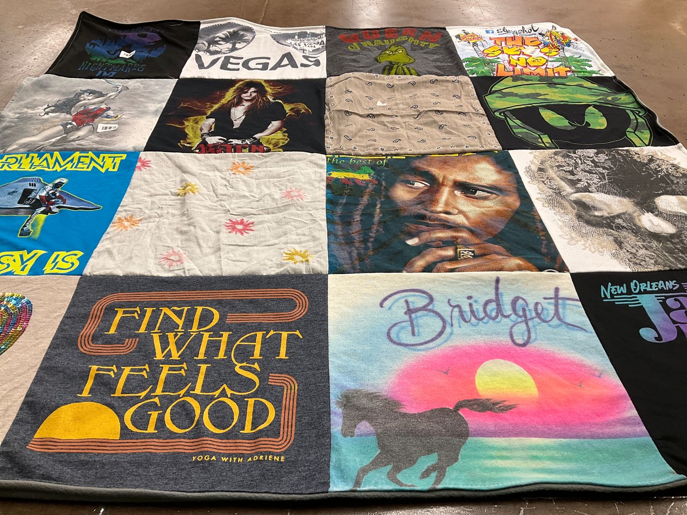 T-shirt quilt with music, yoga themes by Bridget from LA
