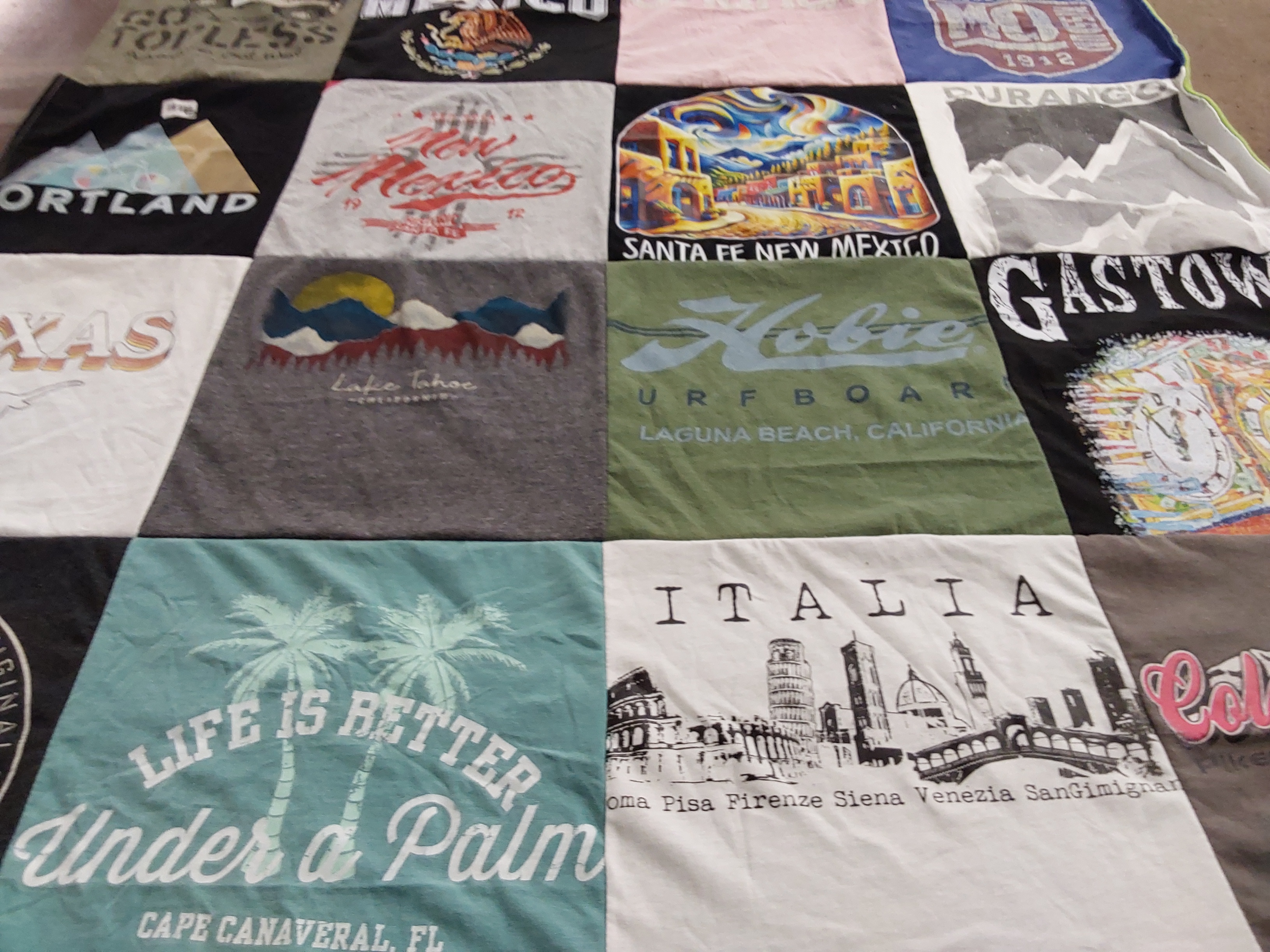 T-shirt quilt with traveling, outdoor activities themes by ANNA from TX