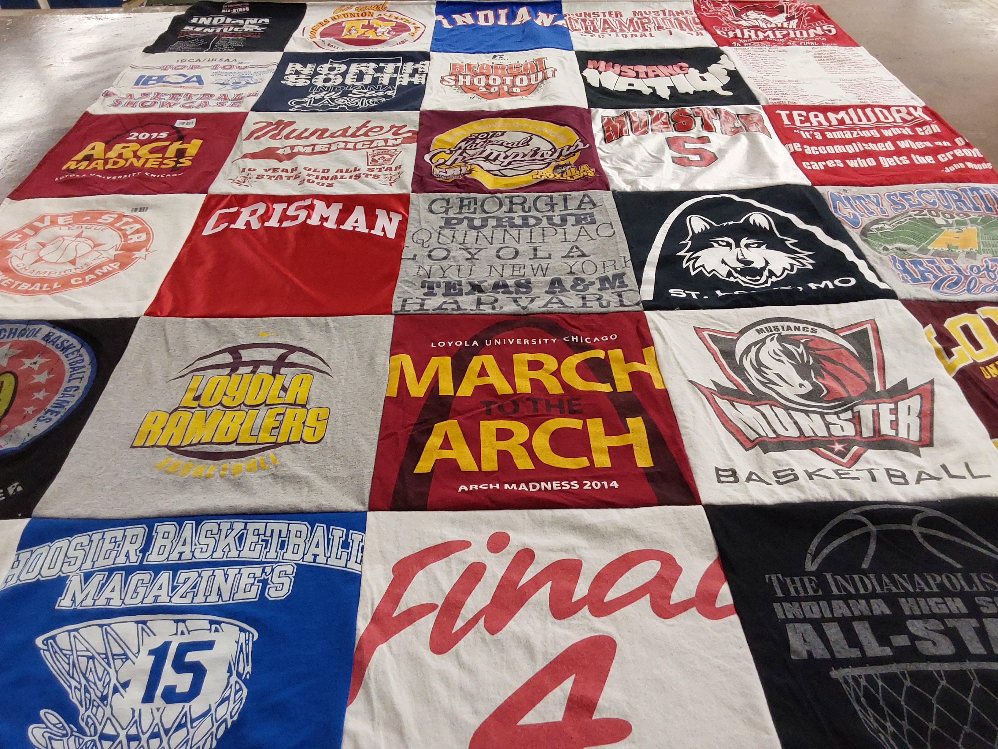 T-shirt quilt featuring loyola ramblers, munster mustangs by Suzanne from IN