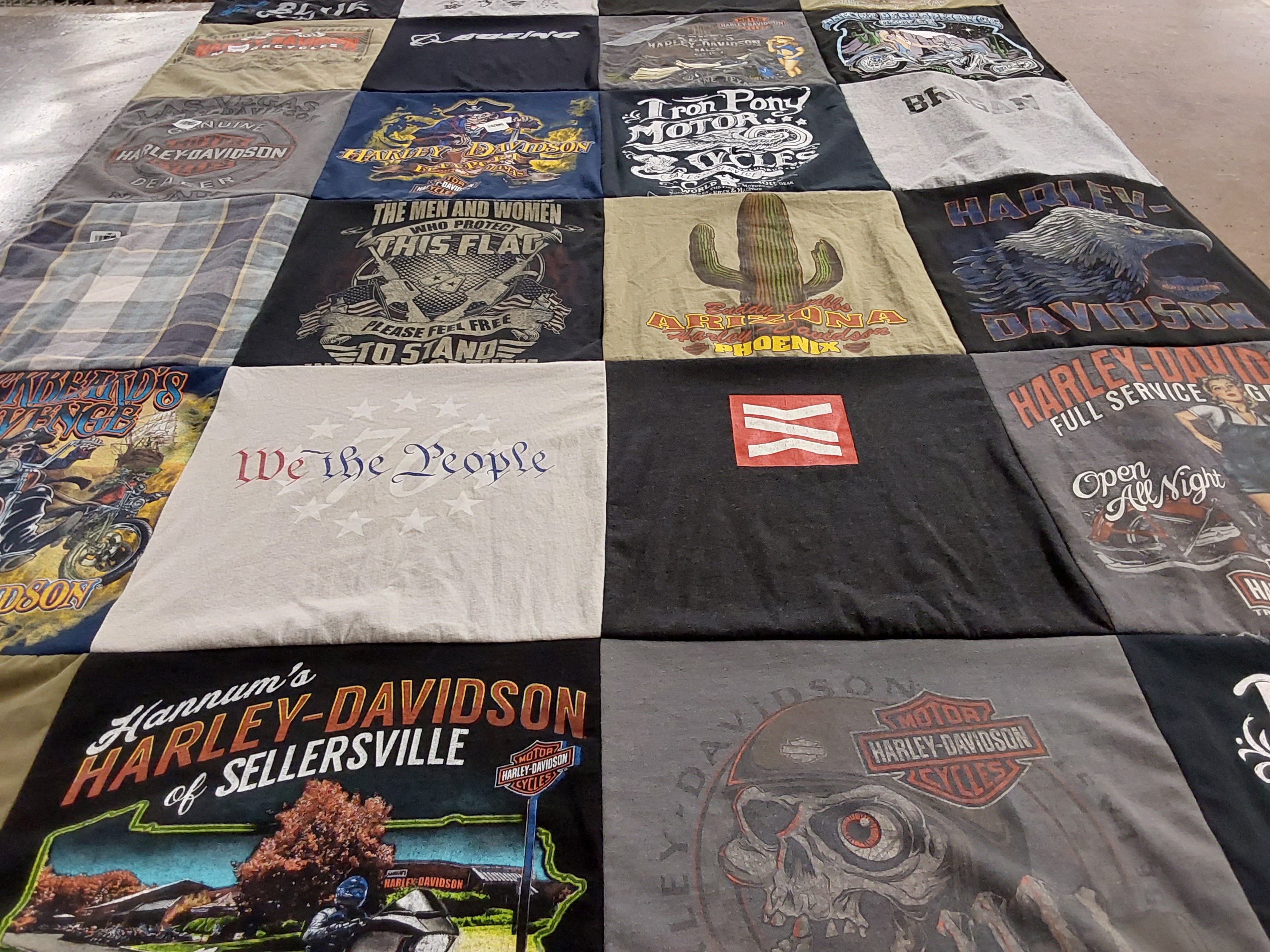 T-shirt quilt with motorcycles, patriotism themes by Laurie from TX