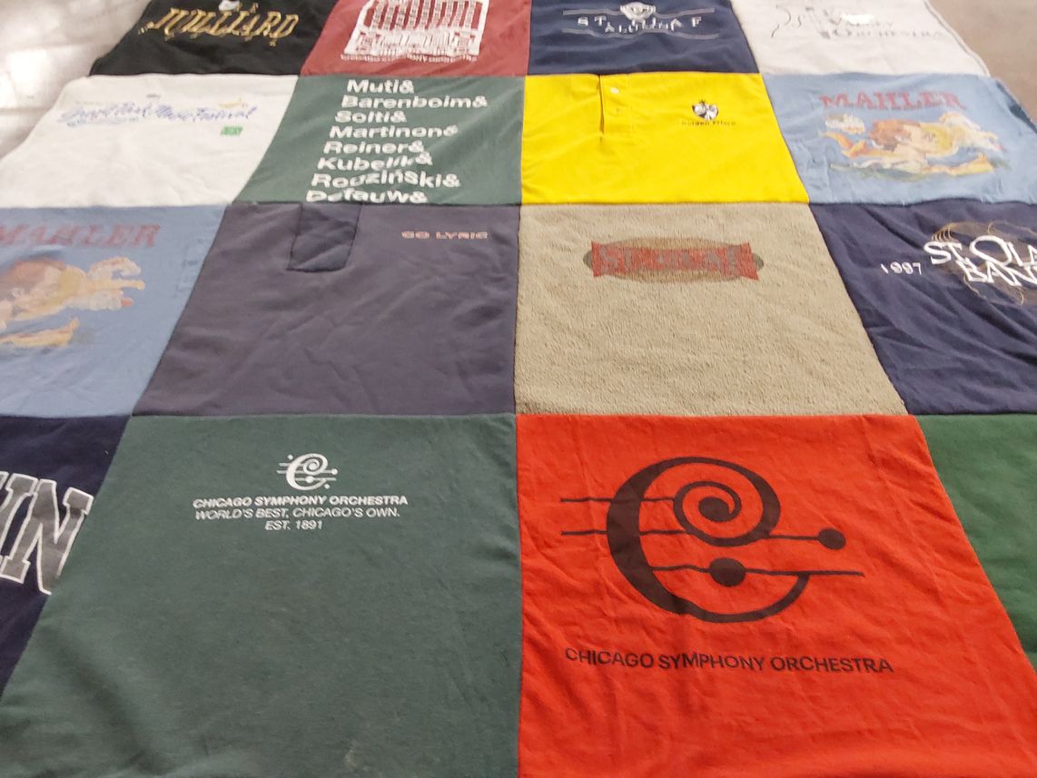 T-shirt quilt with music, orchestras themes by Mary from IL