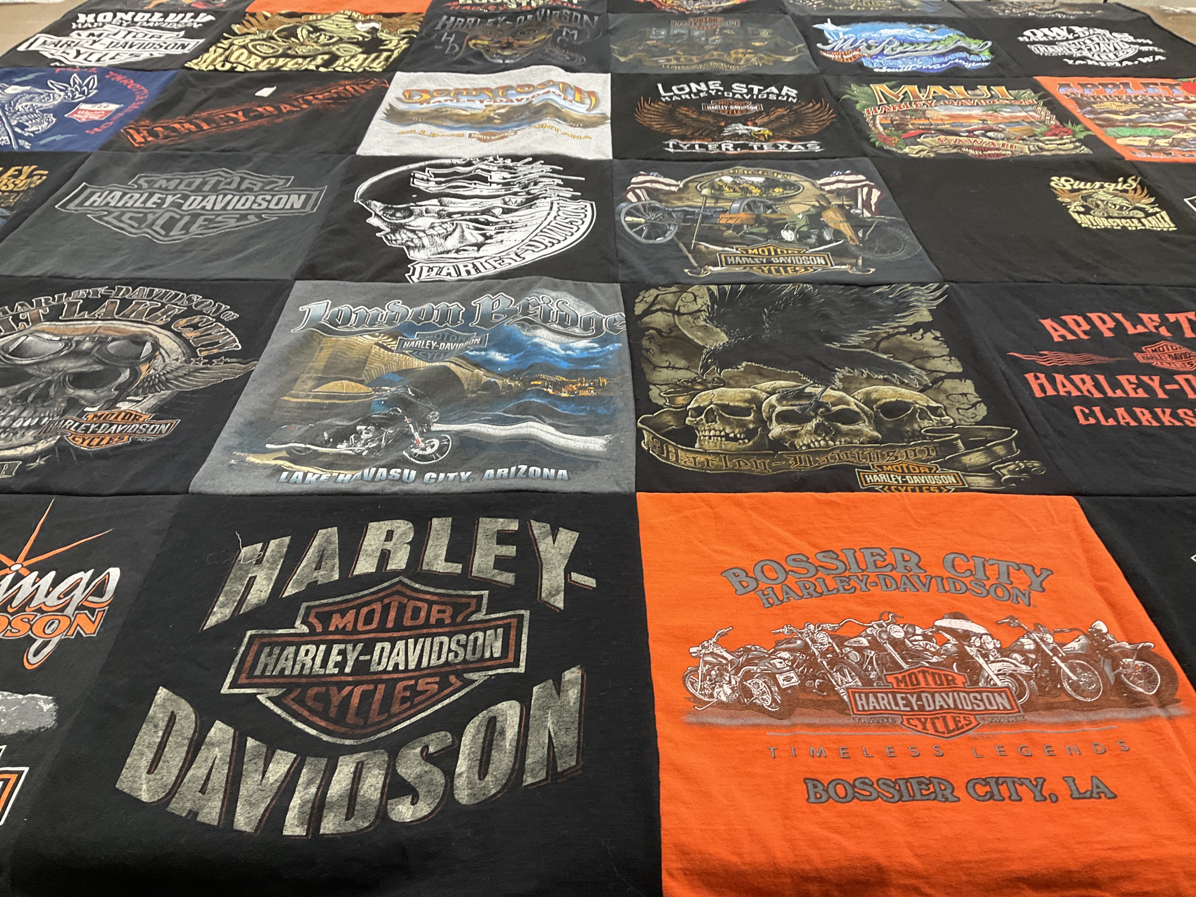 T-shirt quilt with motorcycles, biking themes by Jim / Heather from ID
