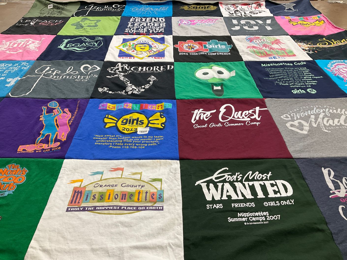 T-shirt quilt with youth ministry, summer camps themes by Beth from CA