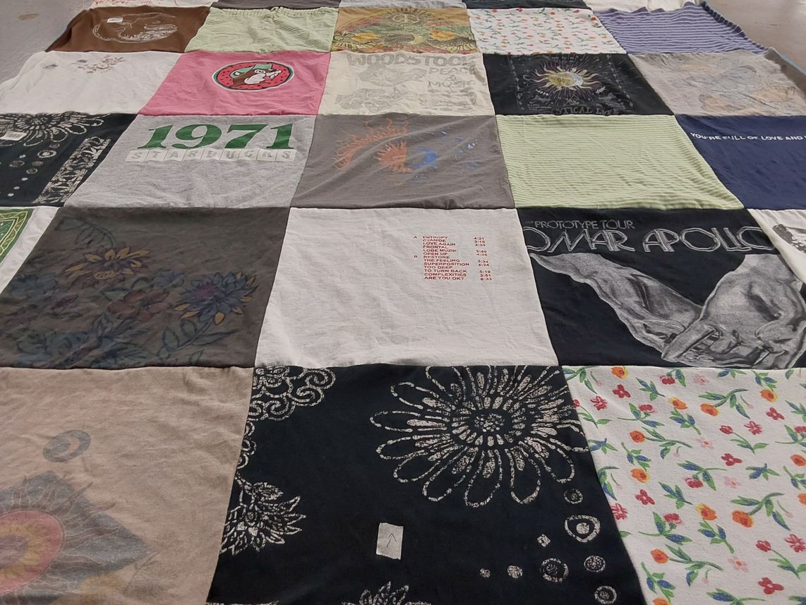 T-shirt quilt with music, peace themes by Taylor from CA