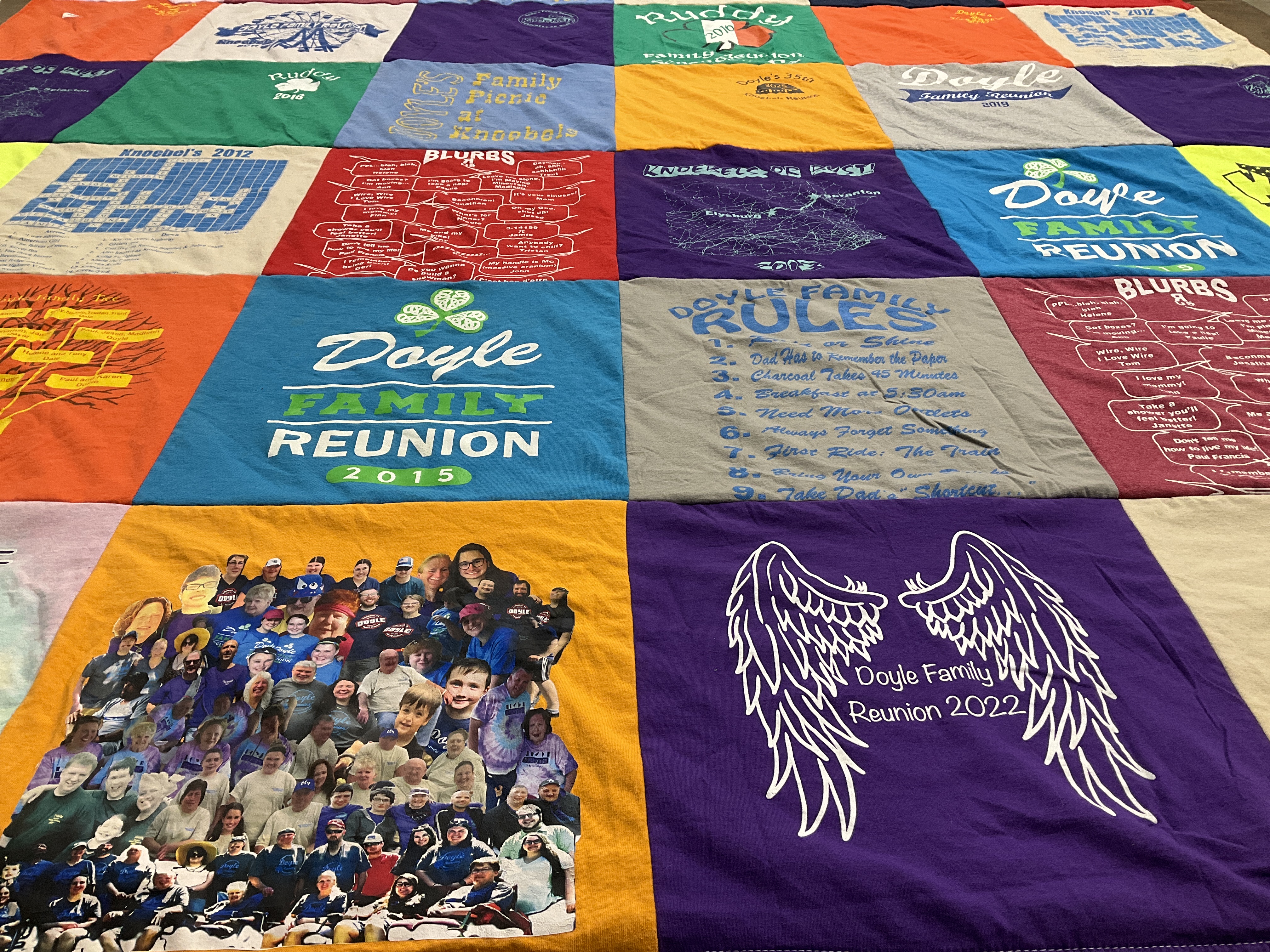 T-shirt quilt with family gatherings, picnics themes by Helene from PA