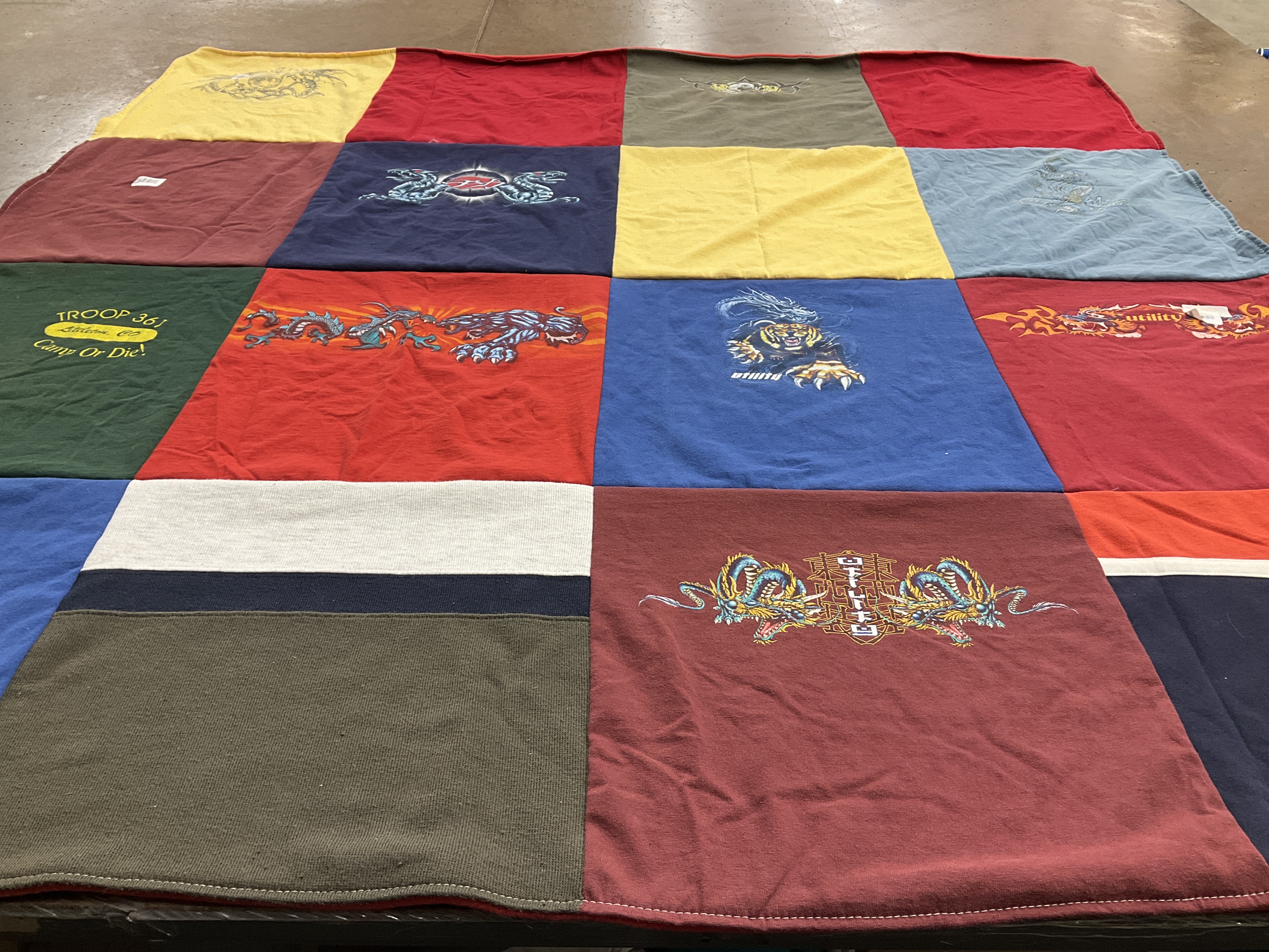 T-shirt quilt with camping, scouting themes by Corin from CO