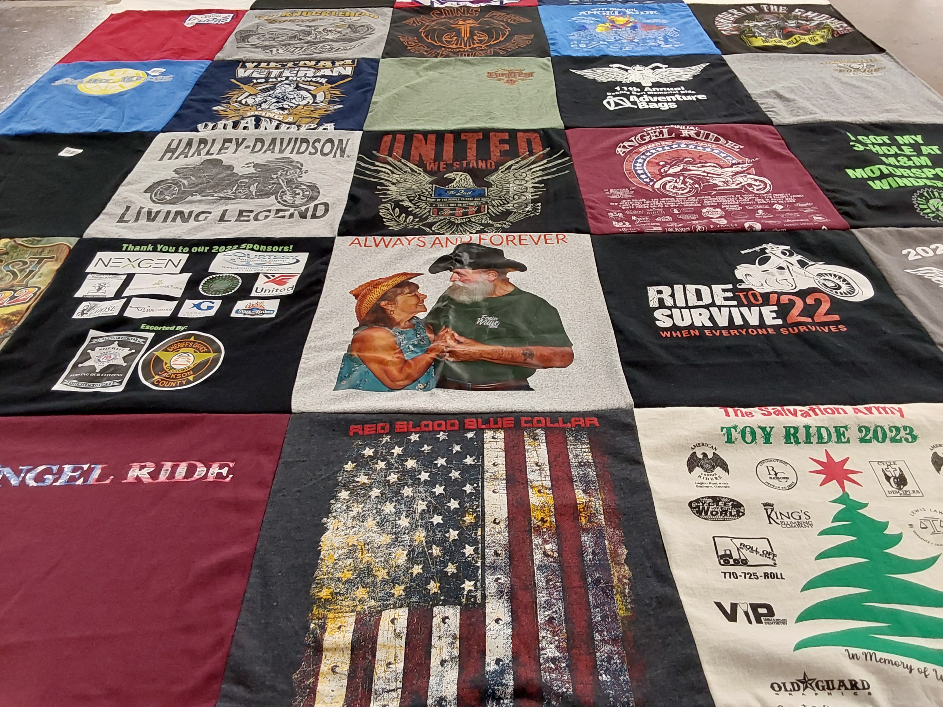 T-shirt quilt with motorcycles, veteran support themes by Dorothy from GA
