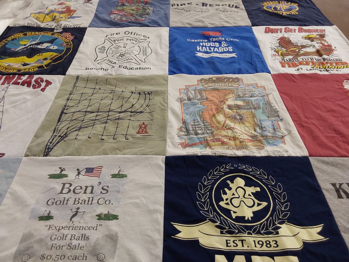 T-shirt quilt with firefighting, sailing themes by Lisa from ME