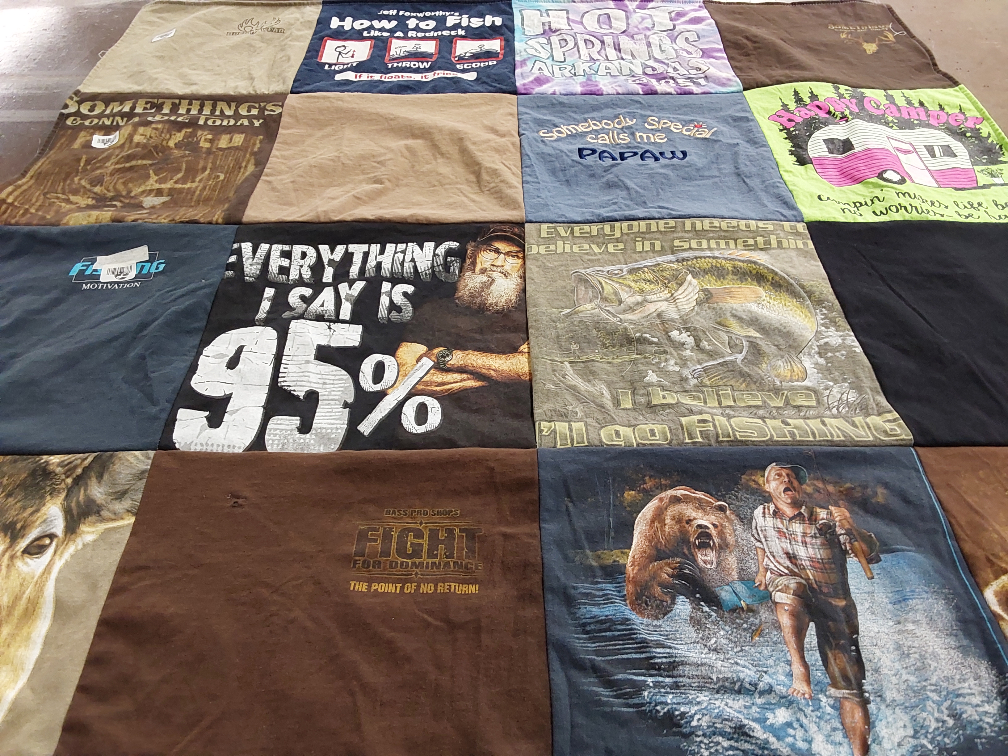 T-shirt quilt with fishing, camping themes by Paula from AR