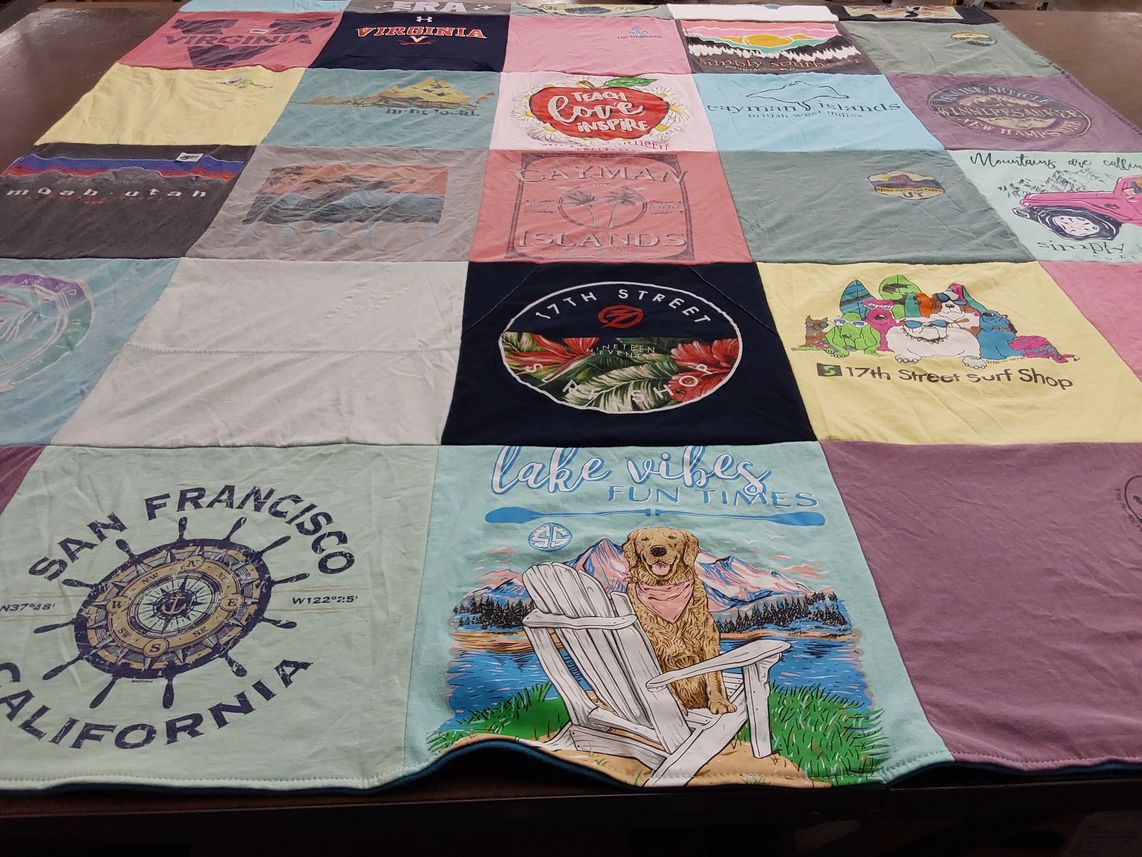 T-shirt quilt with travel, outdoors themes by Kristin from NC
