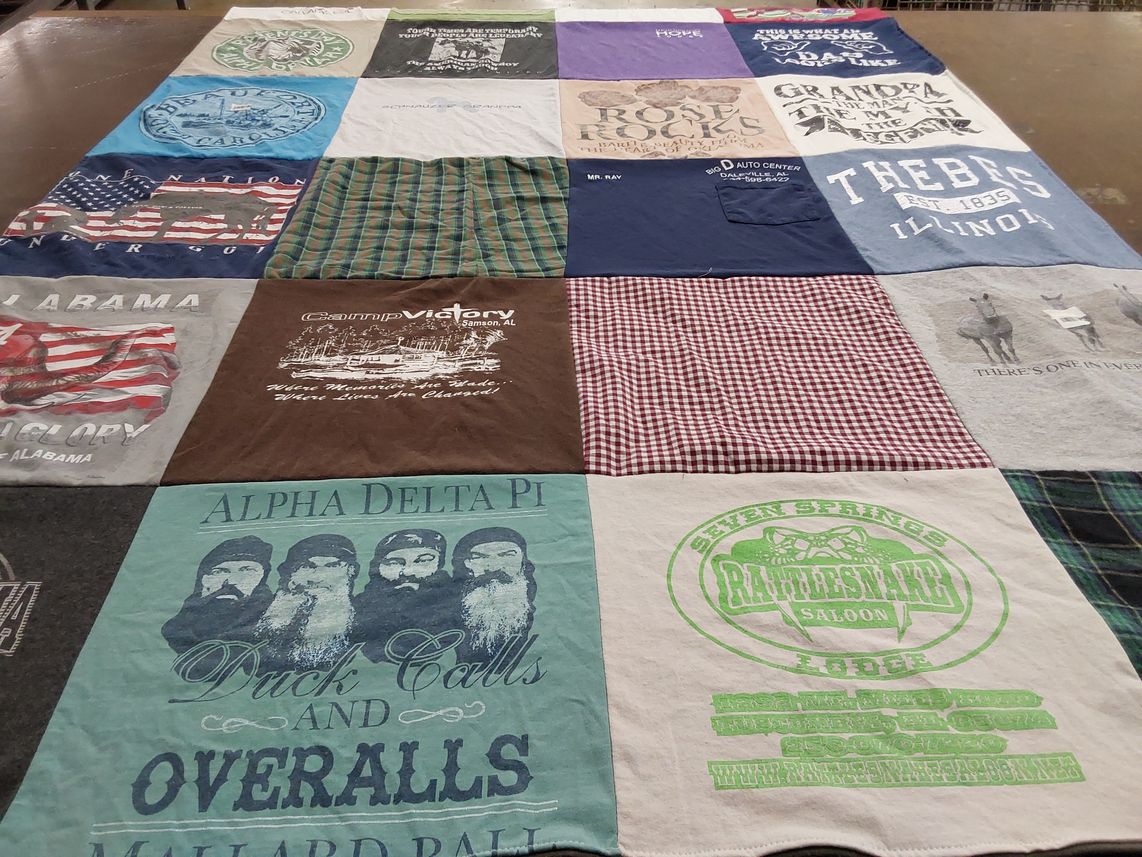 T-shirt quilt with camping, hunting themes by Logan from AL
