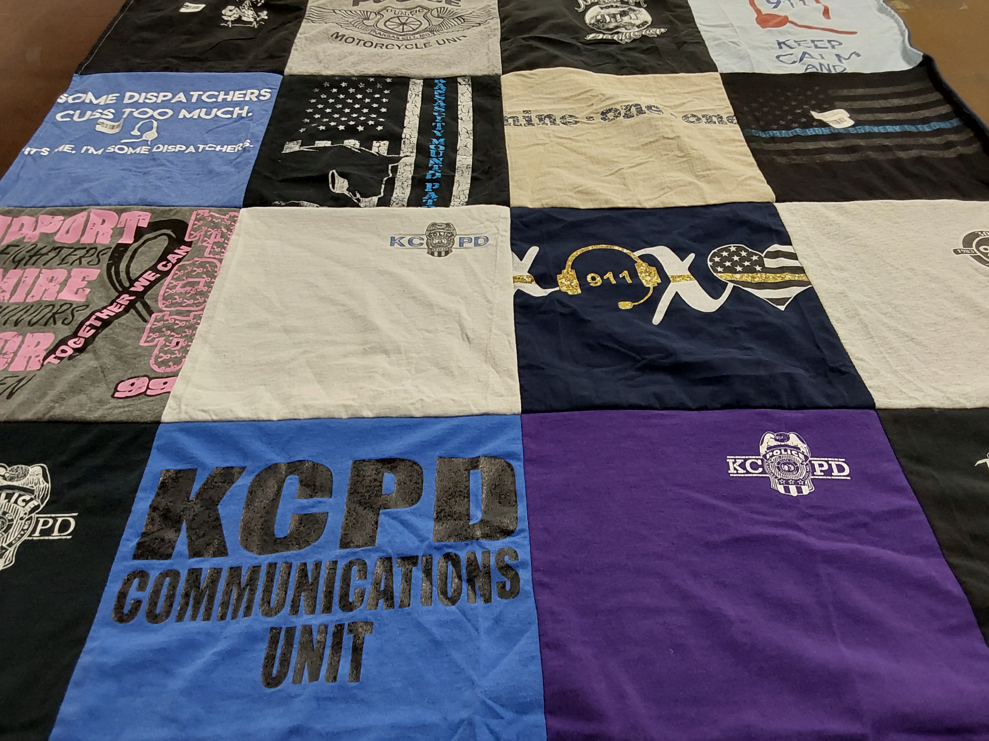 T-shirt quilt with emergency services, law enforcement themes by Jamie from MO