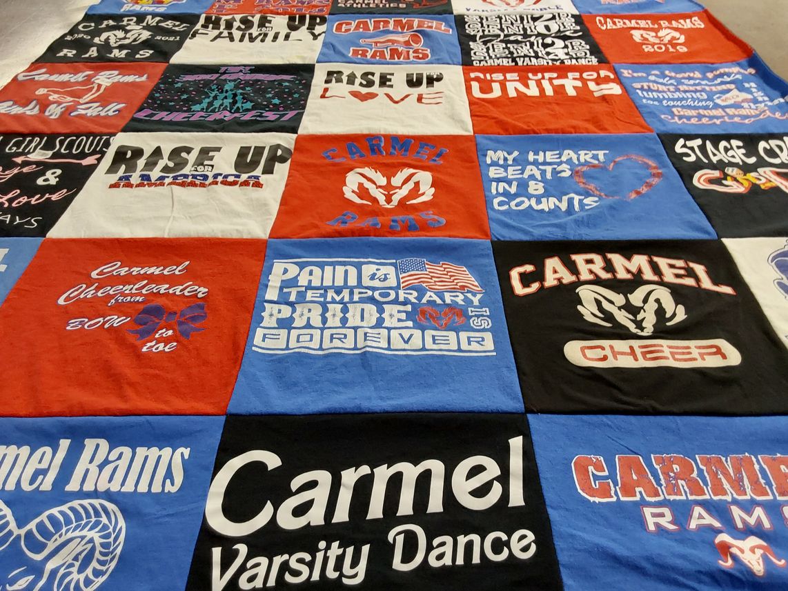 T-shirt quilt featuring carmel rams by Liz from NY