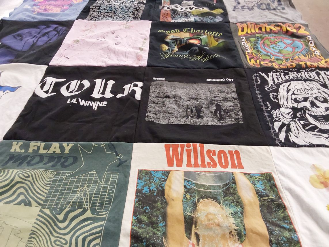 T-shirt quilt with music, arts themes by Heather from KY