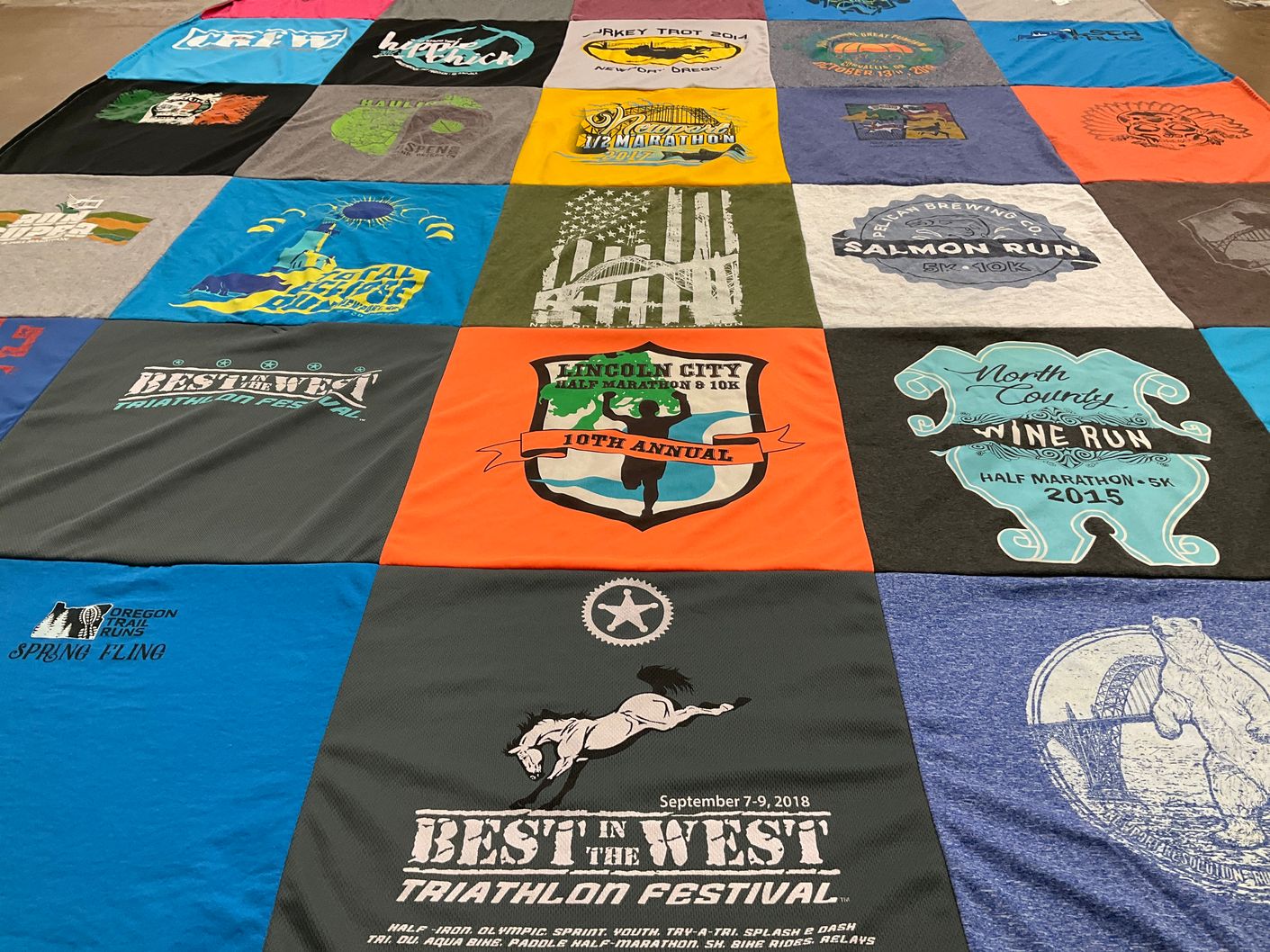 T-shirt quilt with running, triathlon themes by Ashley from OR
