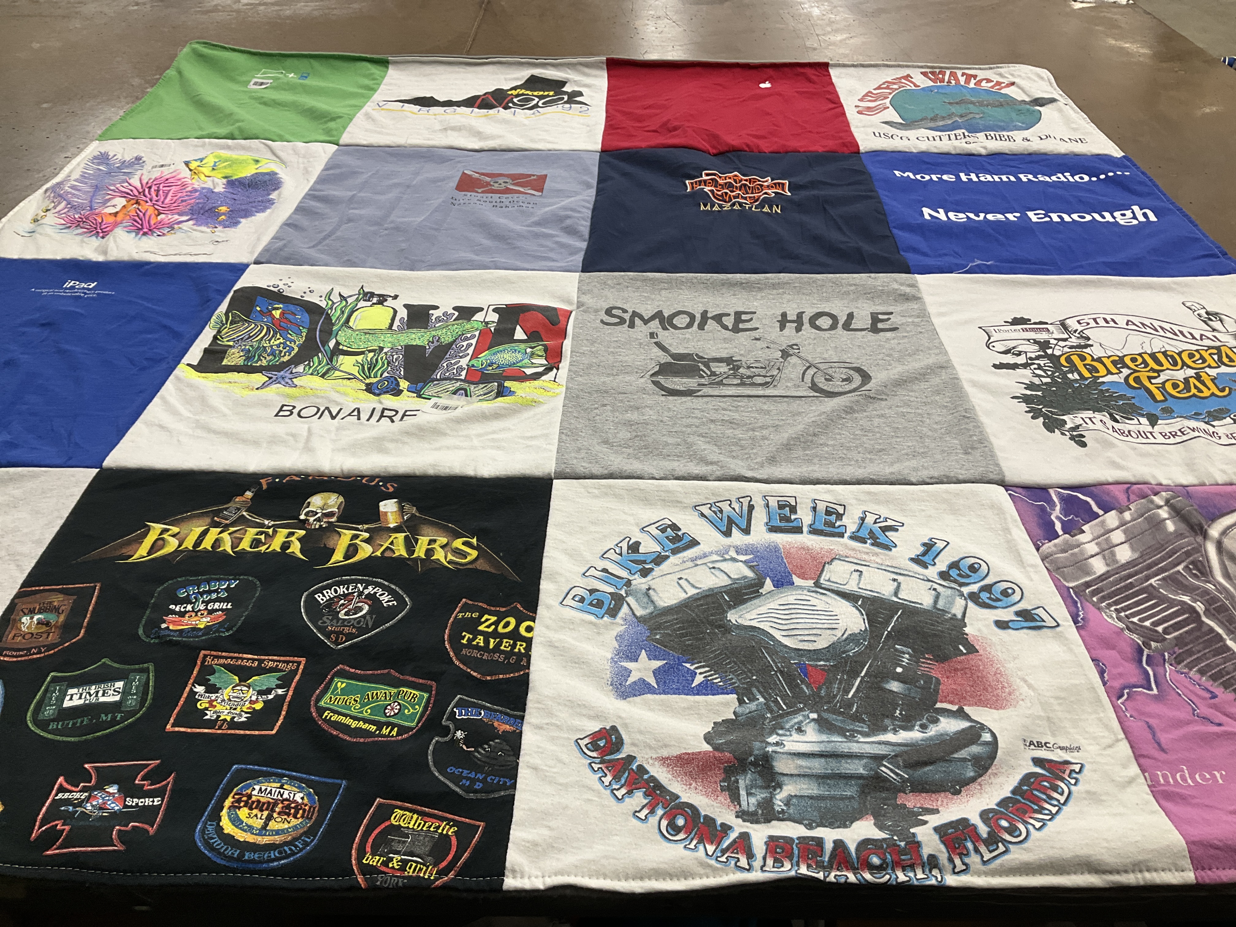 T-shirt quilt with motorcycles, brewing themes by Michele from PA