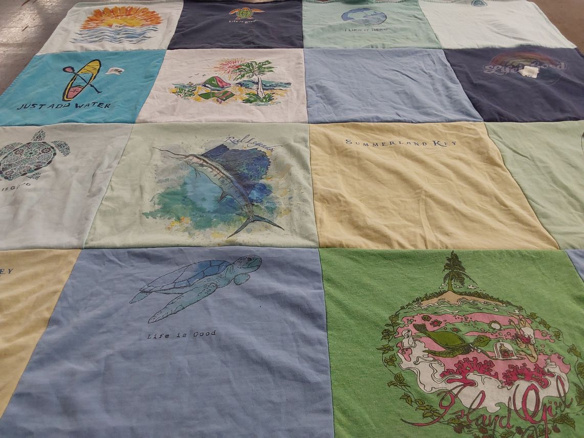 T-shirt quilt with beach, outdoors themes by Tina from FL