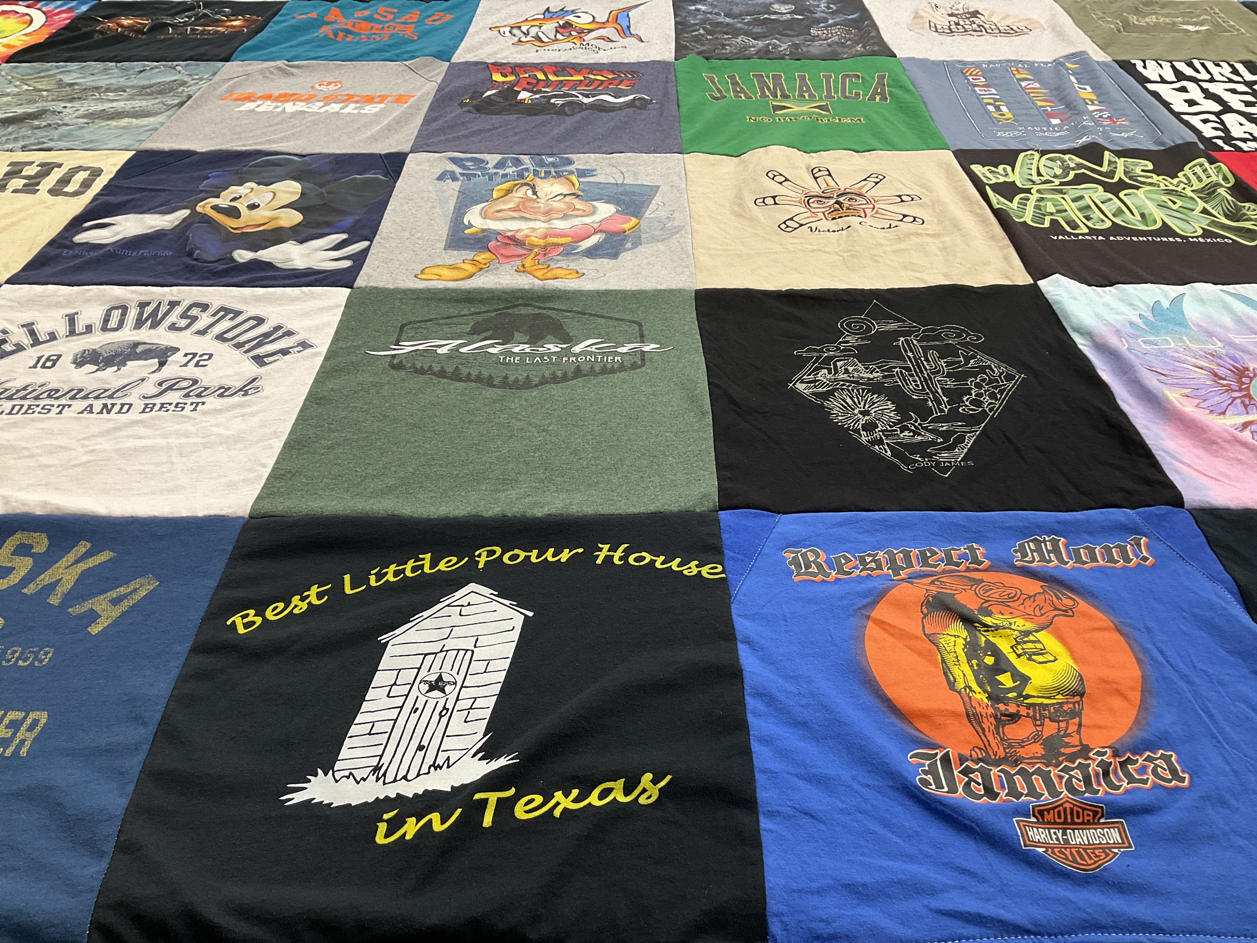 T-shirt quilt with travel, outdoors themes by Cathy from ID