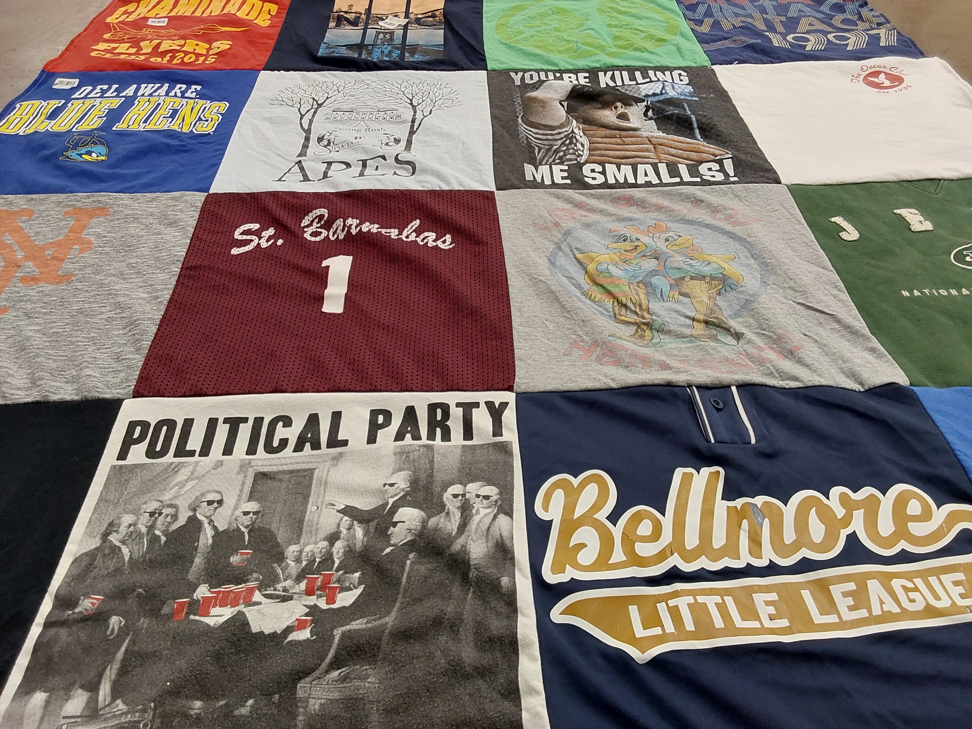 T-shirt quilt featuring delaware blue hens by Ann from NY