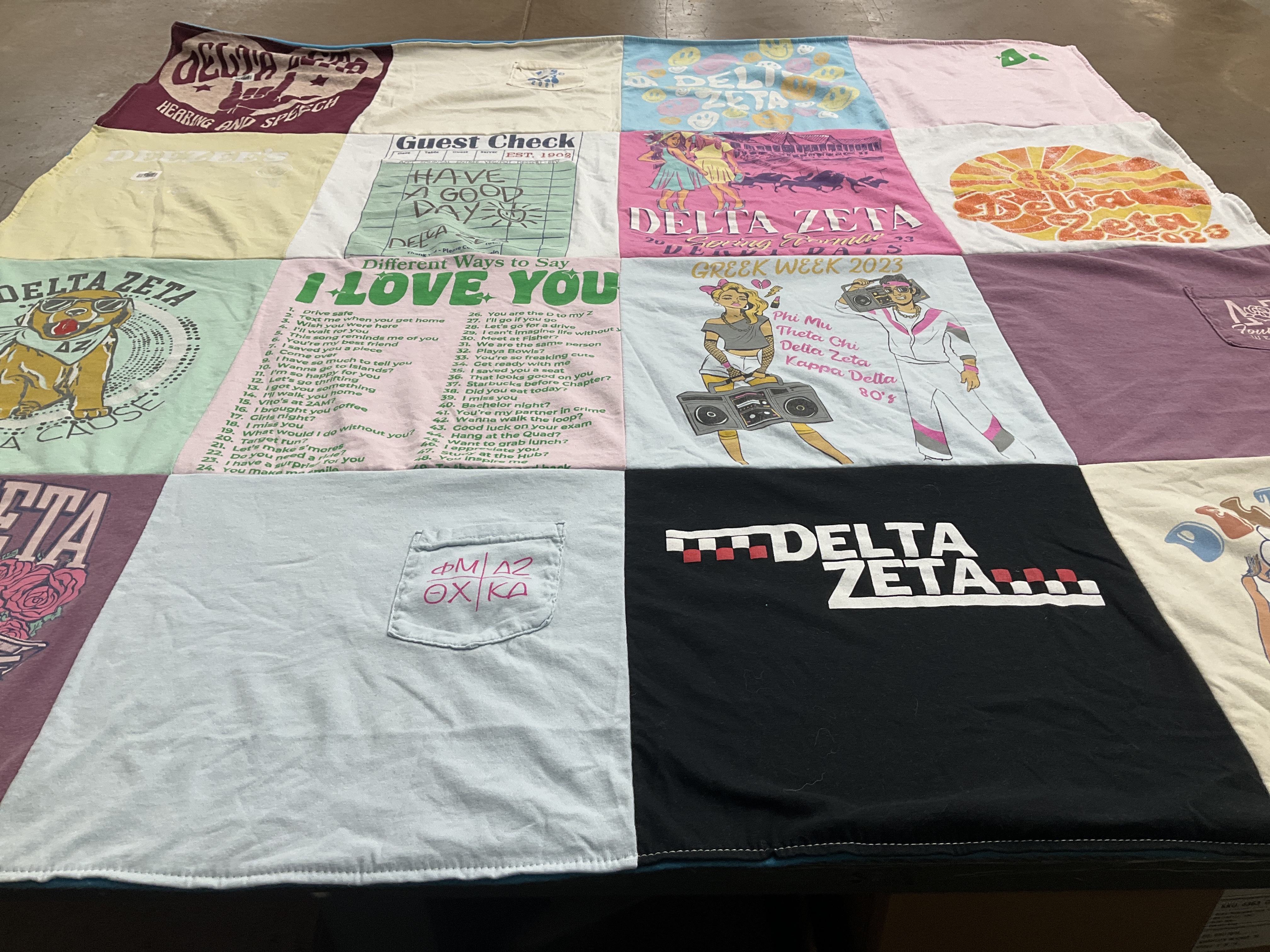 T-shirt quilt with sororities, greek life themes by Kerry from NC