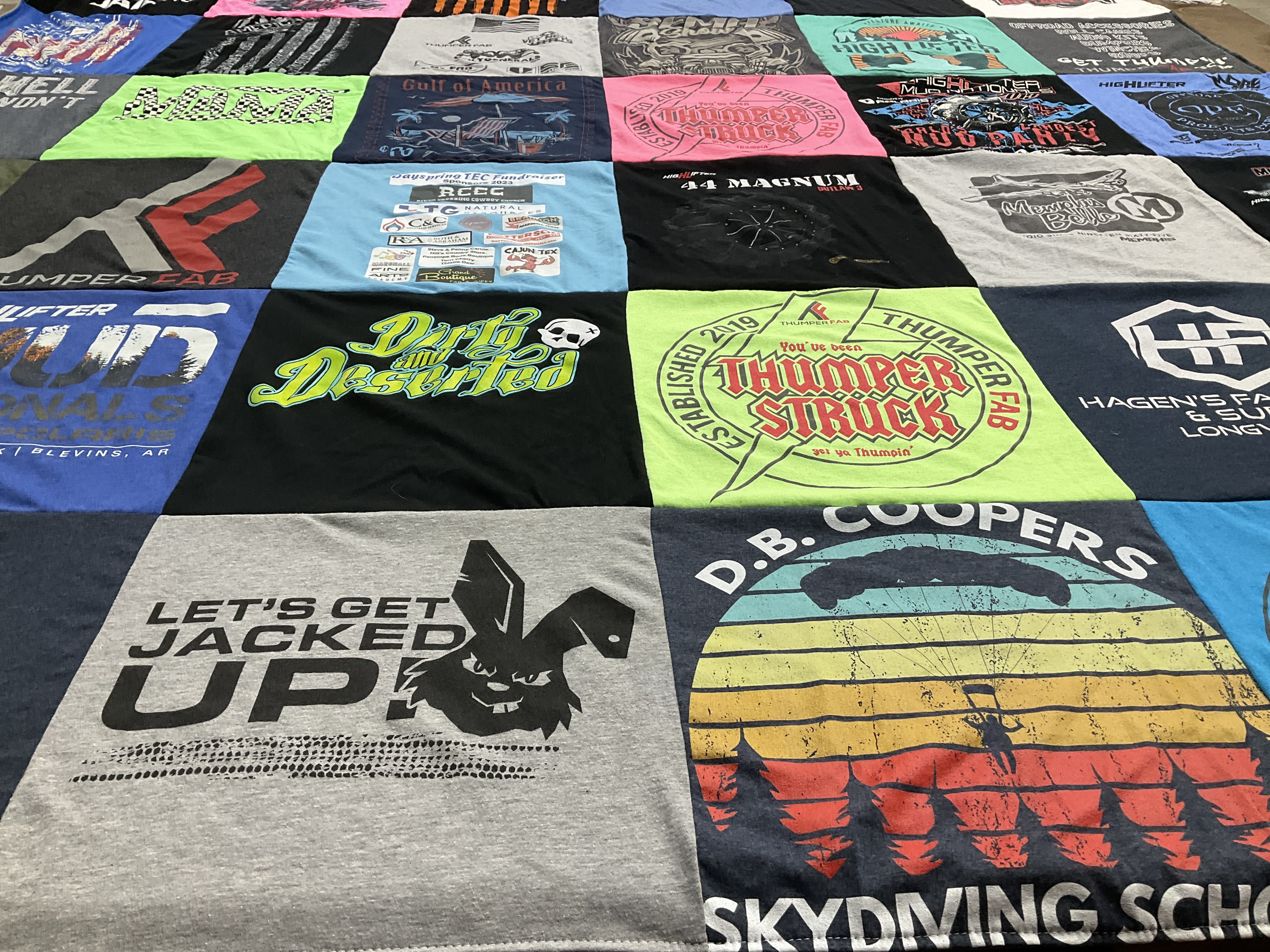 T-shirt quilt with skydiving, fabricating themes by Shannon from TX