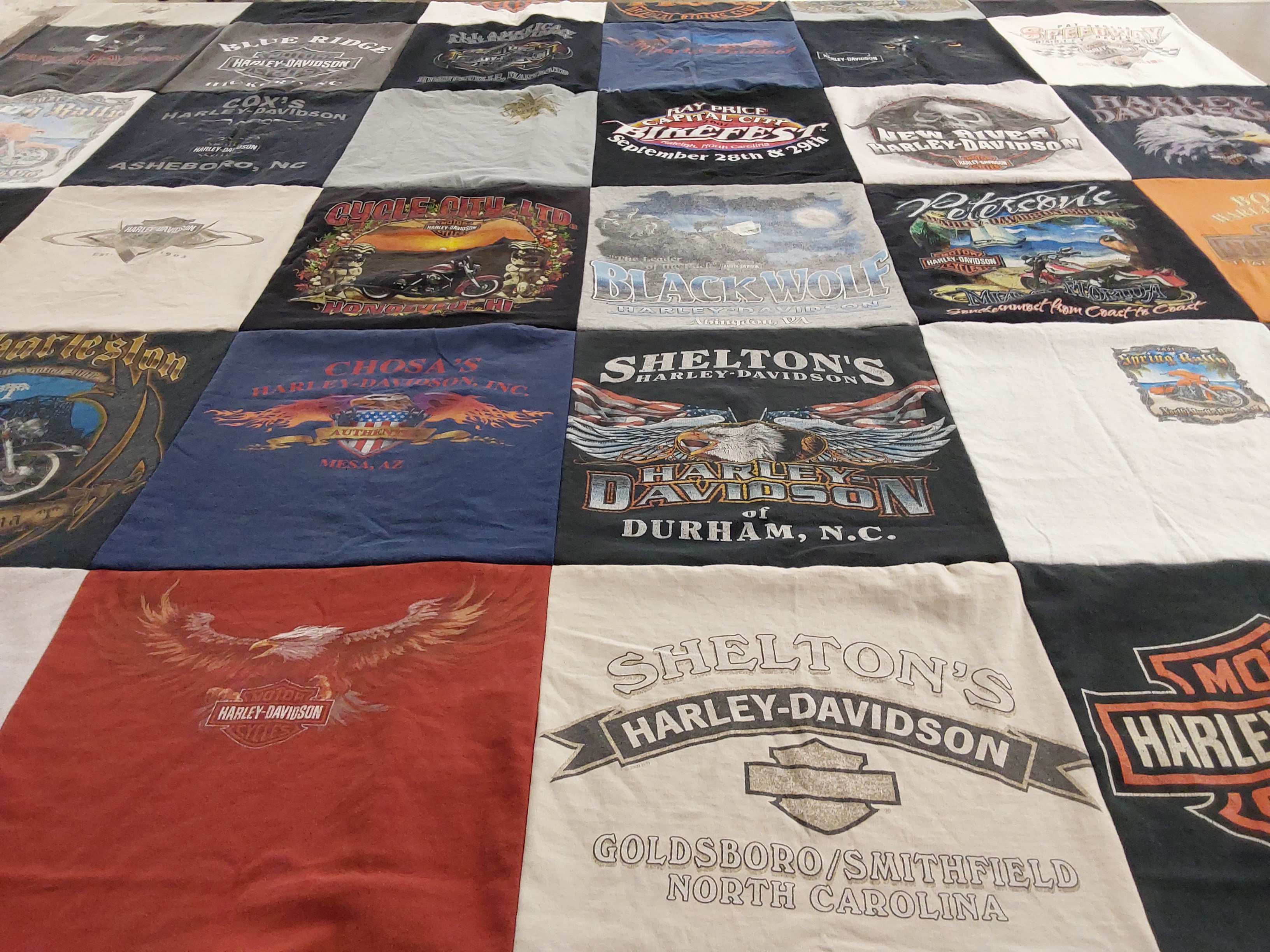 T-shirt quilt with motorcycles, biking themes by Jennifer from NC