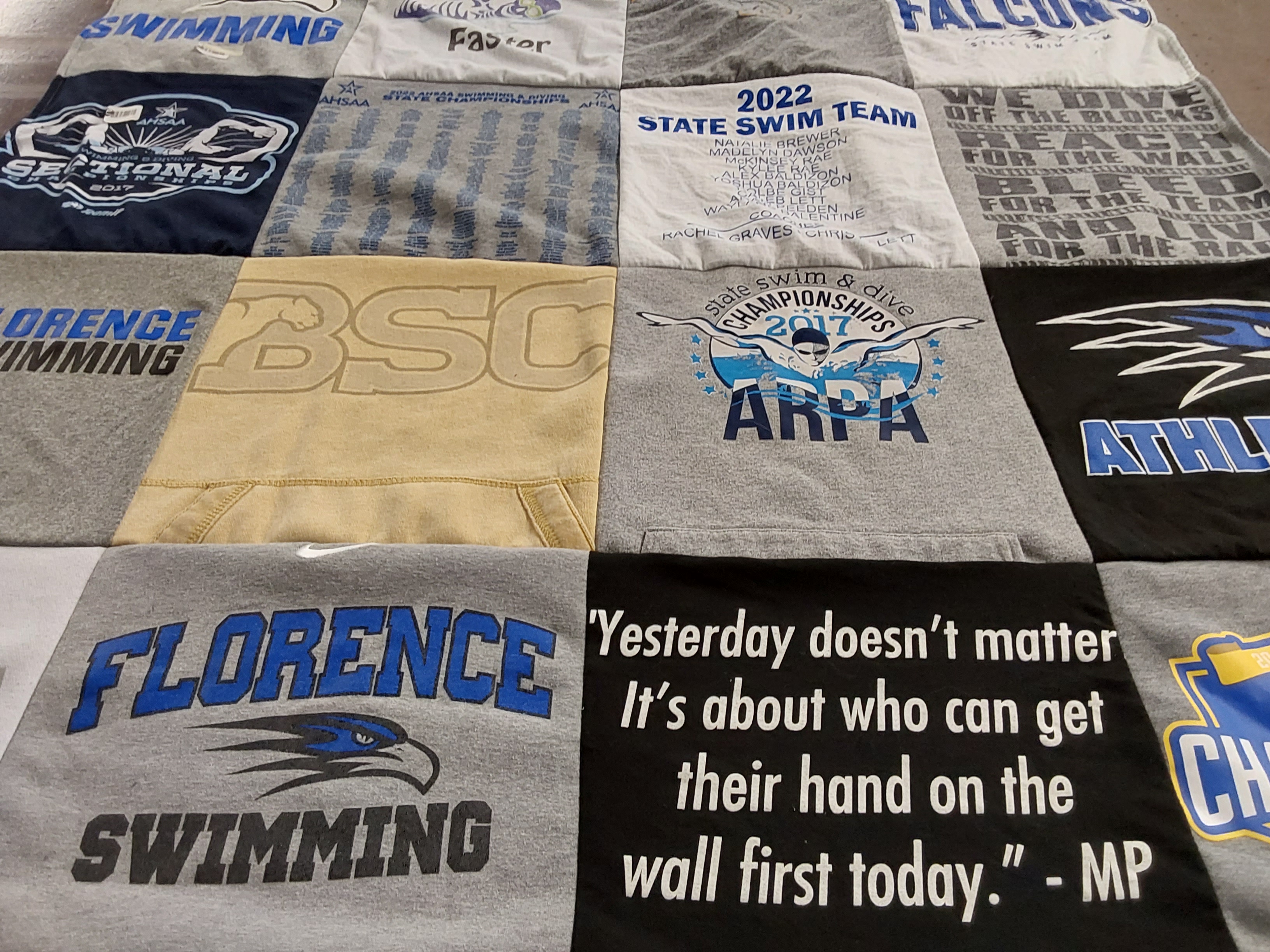 T-shirt quilt featuring state swim team by Cara from AL