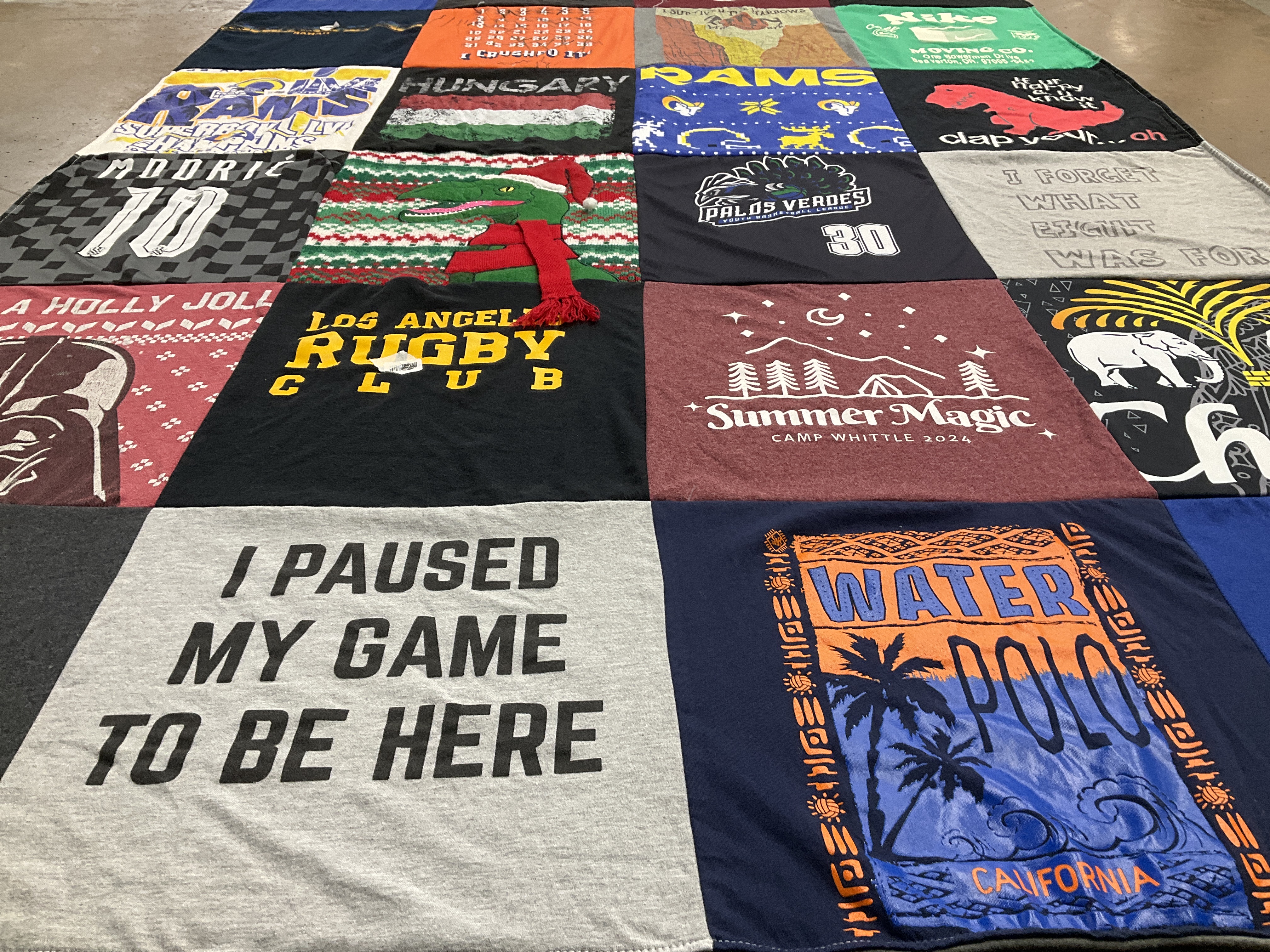 T-shirt quilt with rugby, water polo themes by Alison from CA
