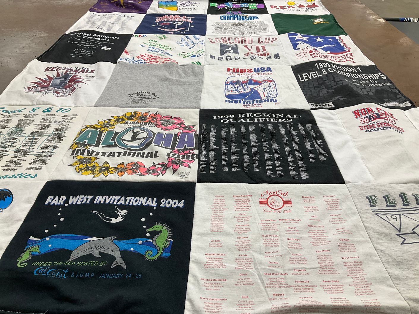 T-shirt quilt with gymnastics themes by Katharine from CA