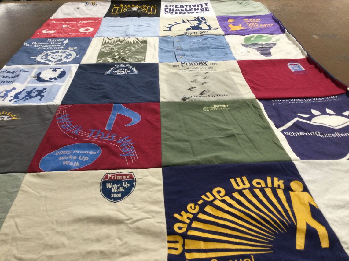 T-shirt quilt with walking, community themes by Carrie from NH