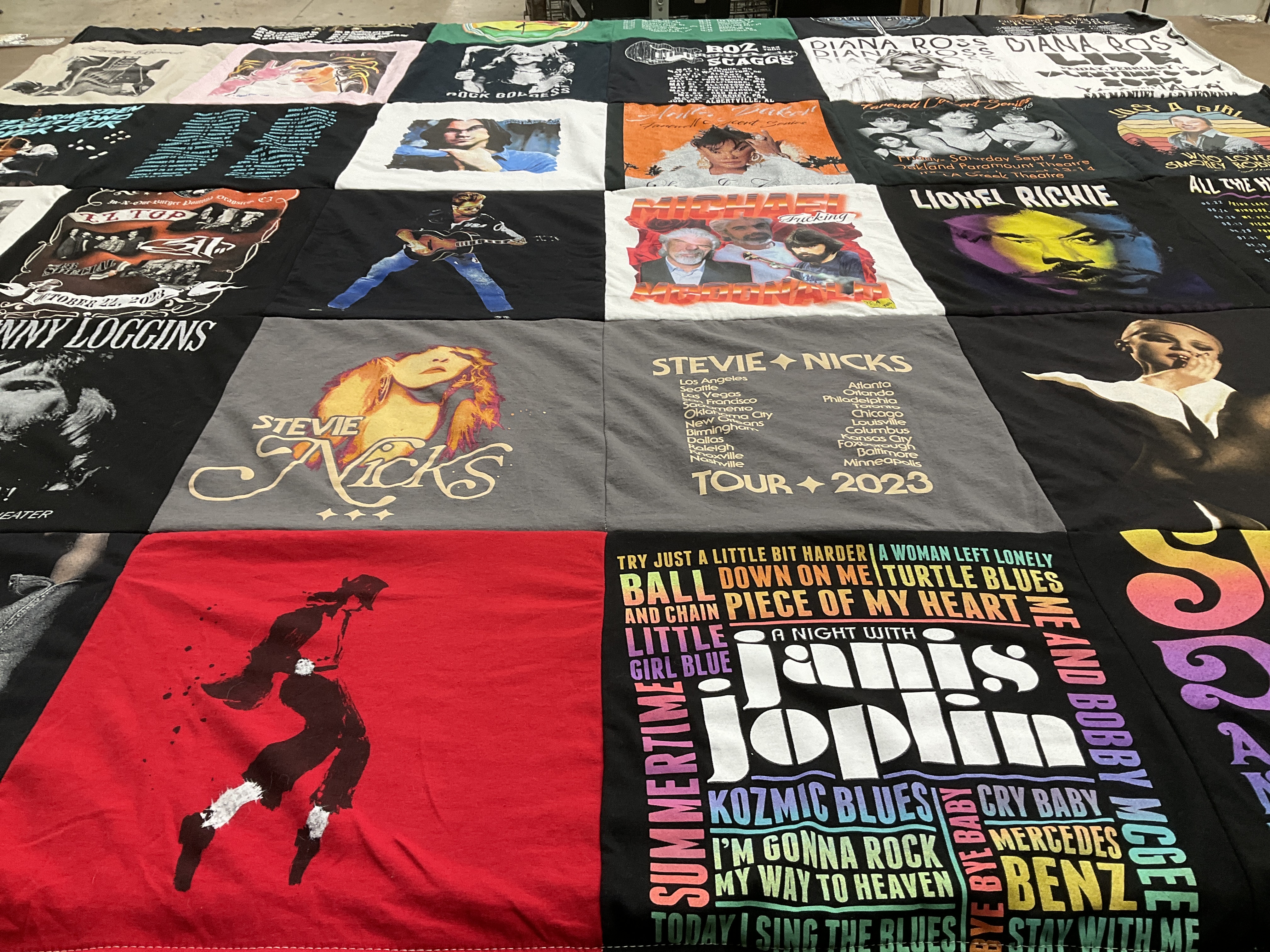 T-shirt quilt with music, concerts themes by Rachel from CA