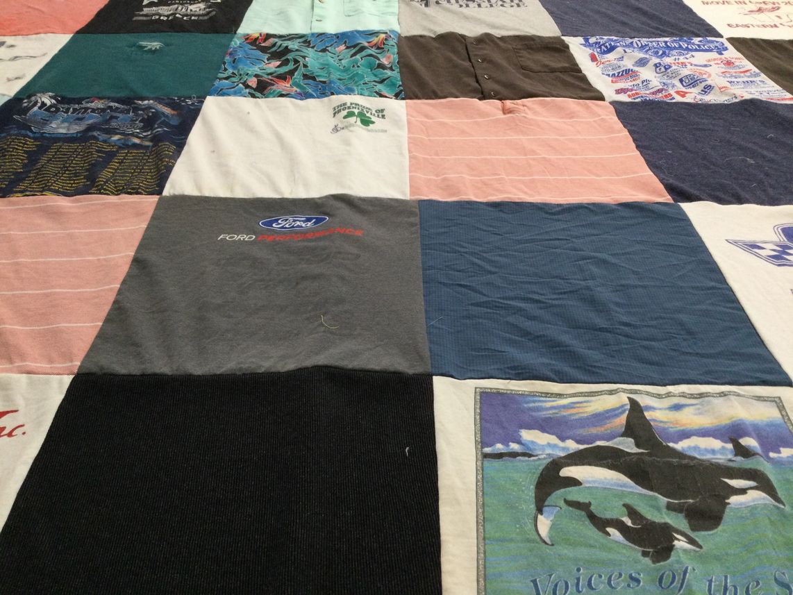 T-shirt quilt with automotive, marine life themes by Rachel from OH