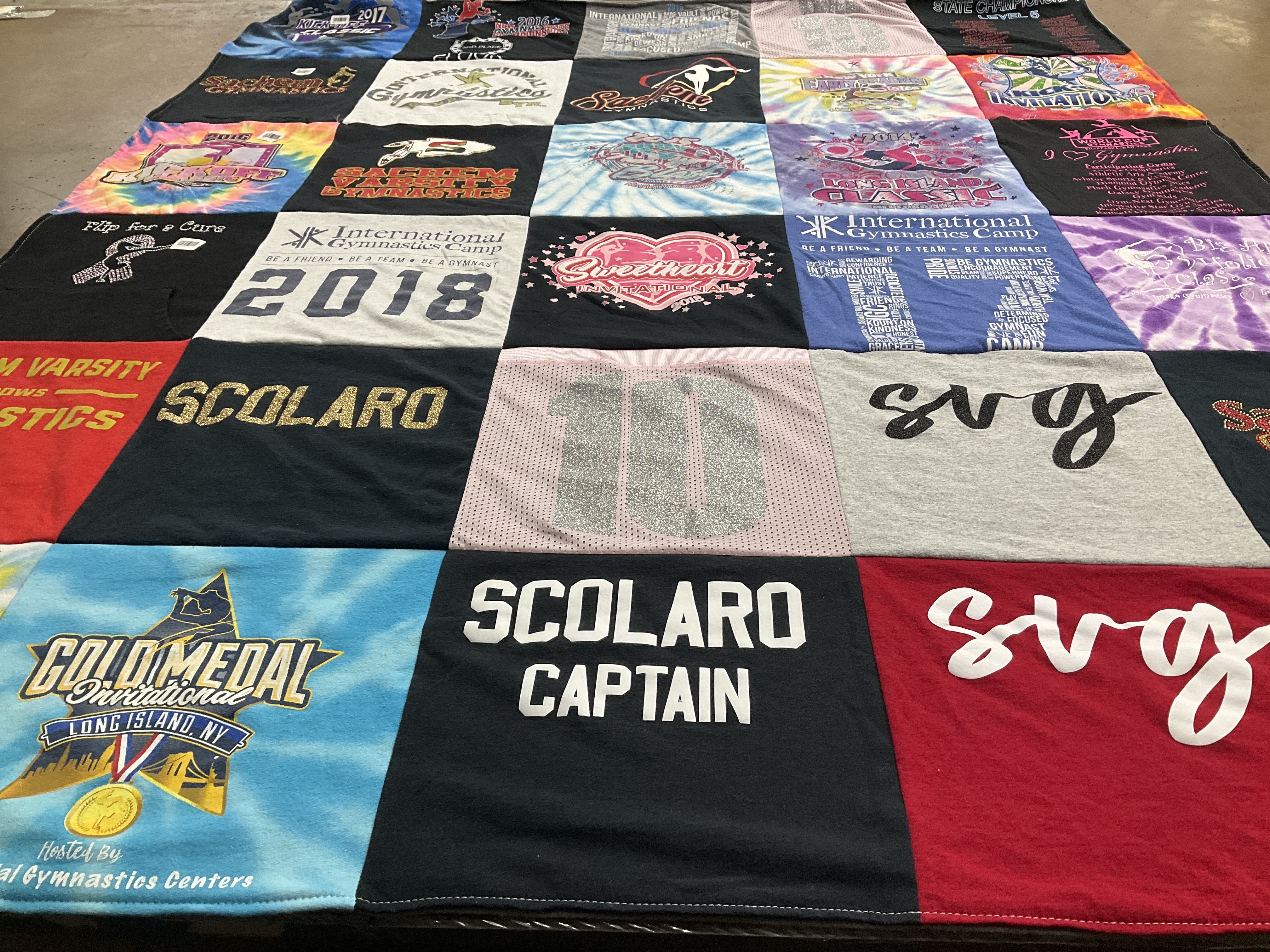 T-shirt quilt with gymnastics themes by Brenda from NY
