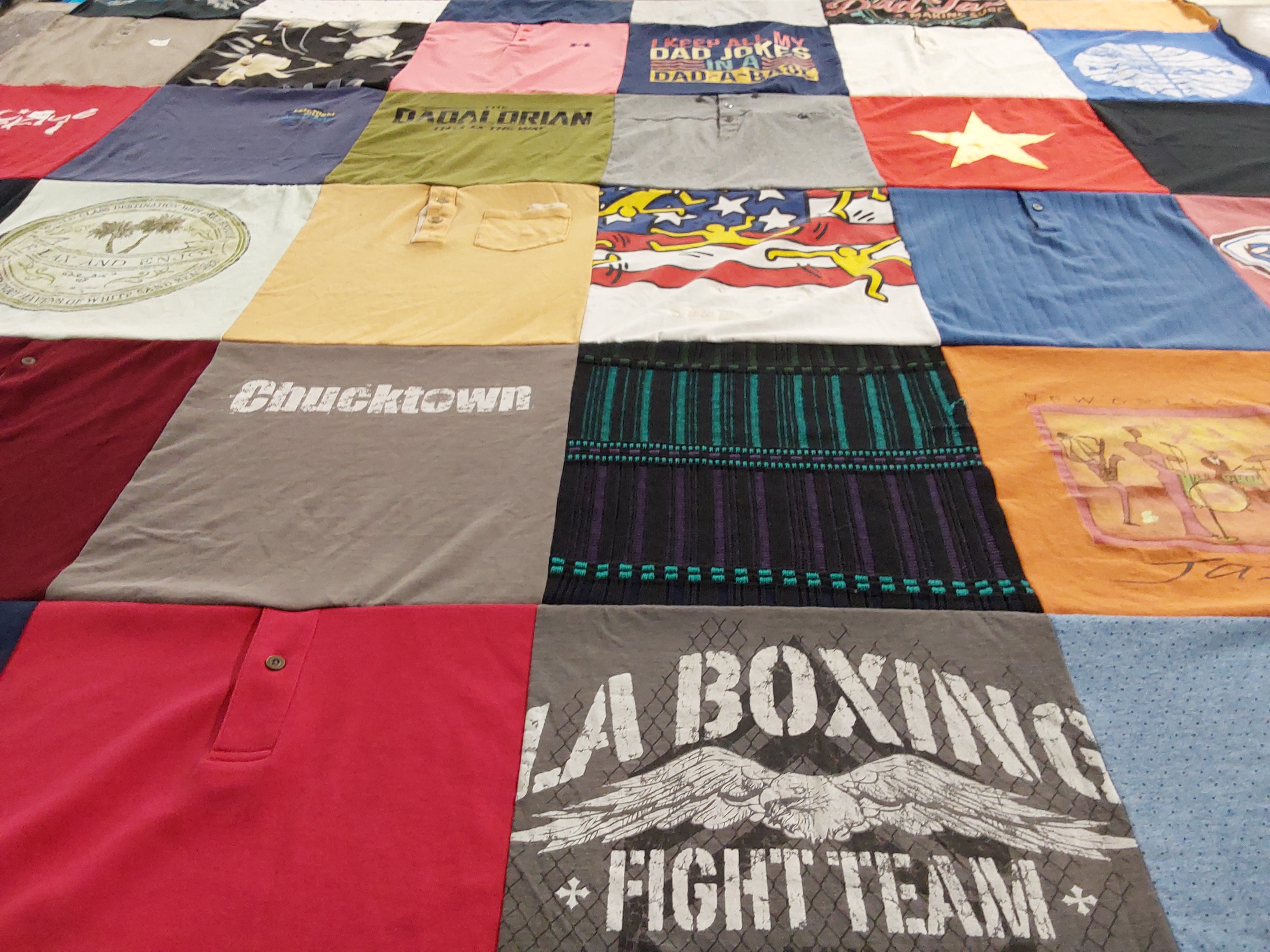 T-shirt quilt with boxing, dad jokes themes by Nadine from NY