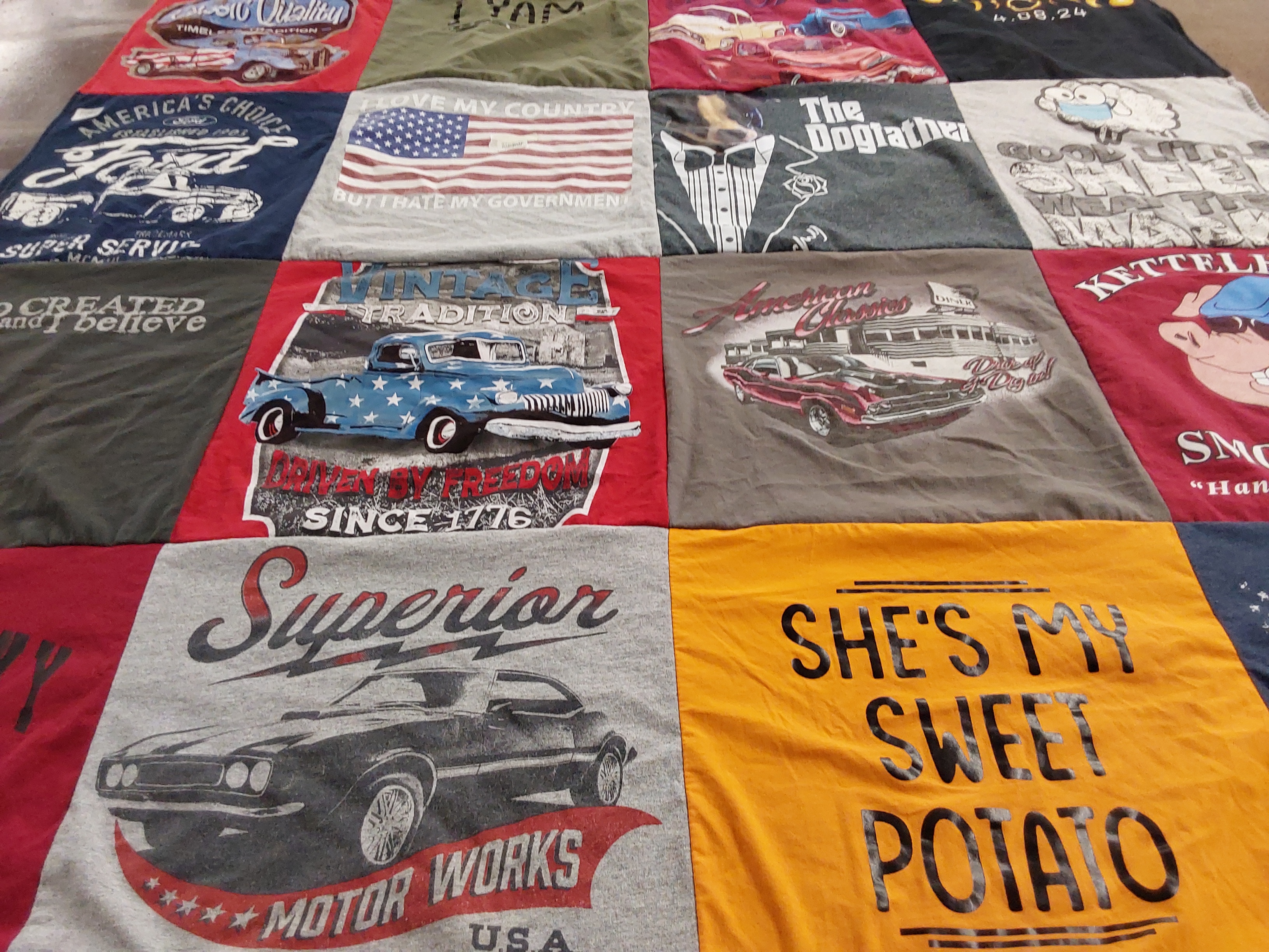 T-shirt quilt with cars, patriotism themes by Jennifer from MO
