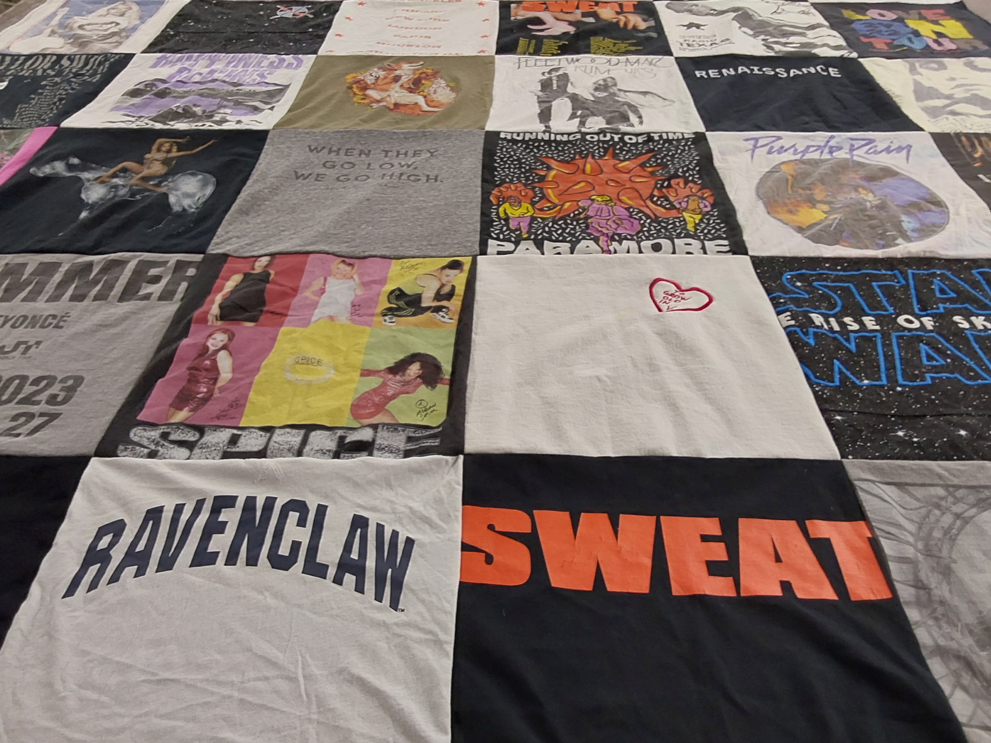 T-shirt quilt with music, pop culture themes by Lorena from FL