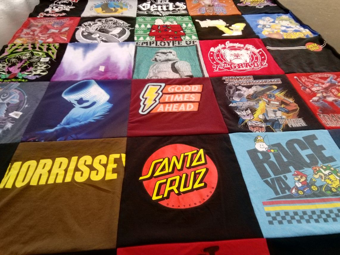 T-shirt quilt with music, skateboarding themes by Michelle from AZ