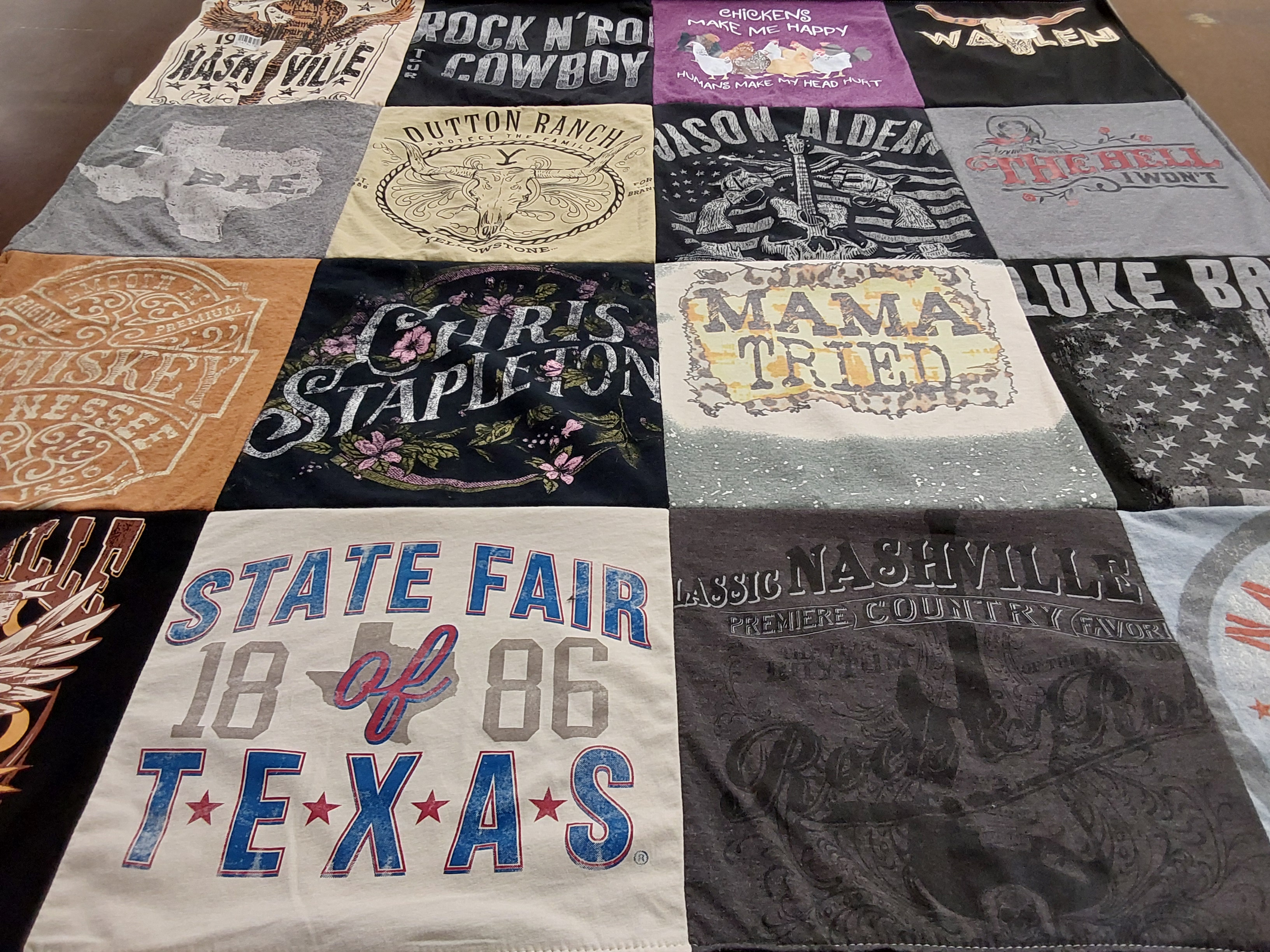 T-shirt quilt with country music, southern culture themes by Abigail from NC