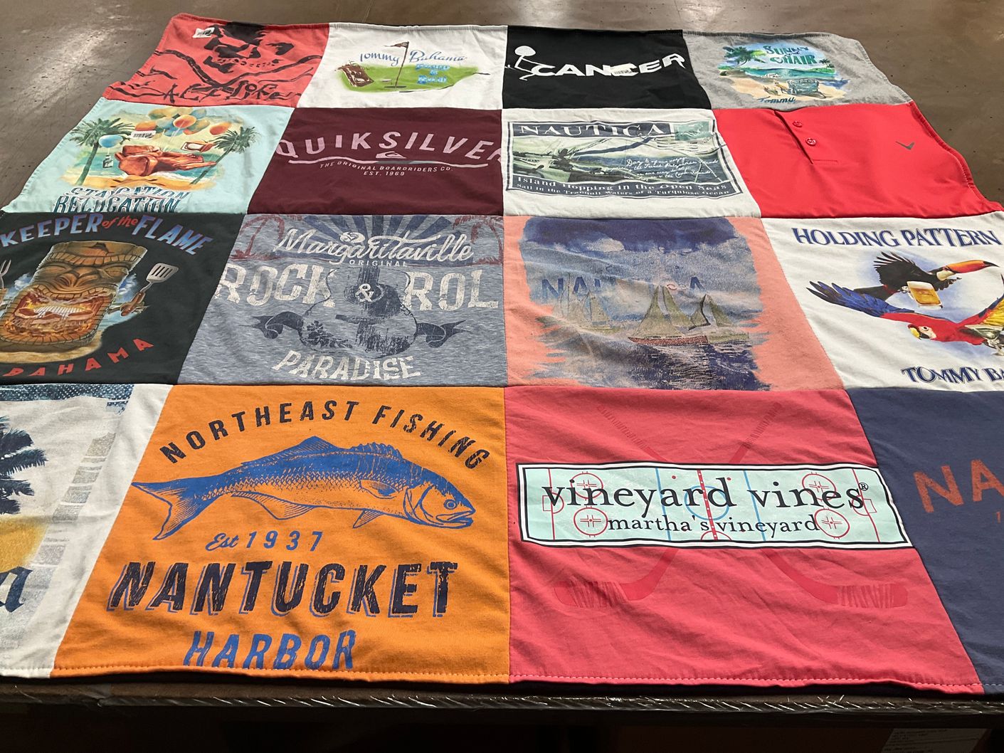 T-shirt quilt with fishing, beach themes by Traci from NE