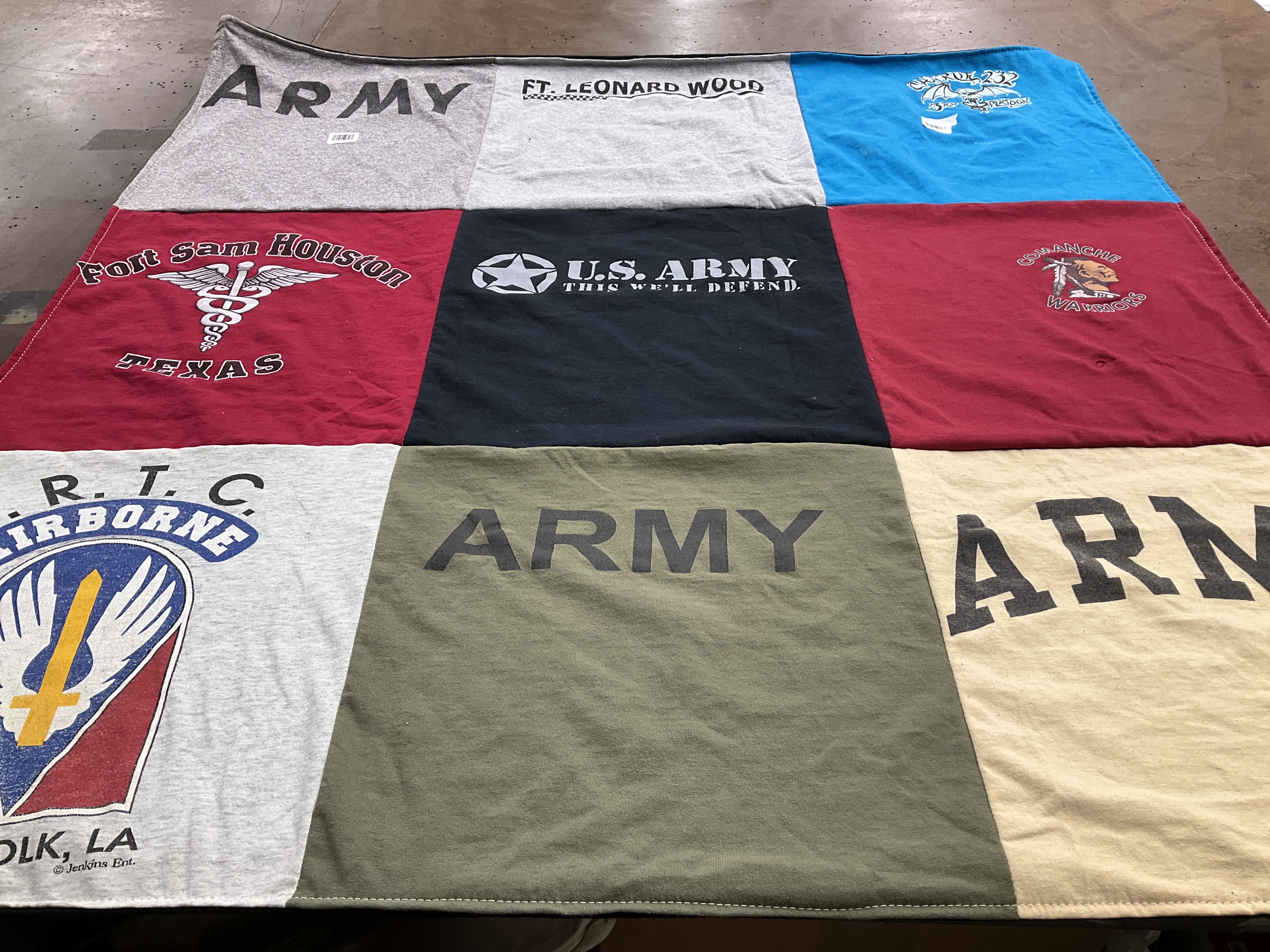 T-shirt quilt with military, army themes by Carla from TX