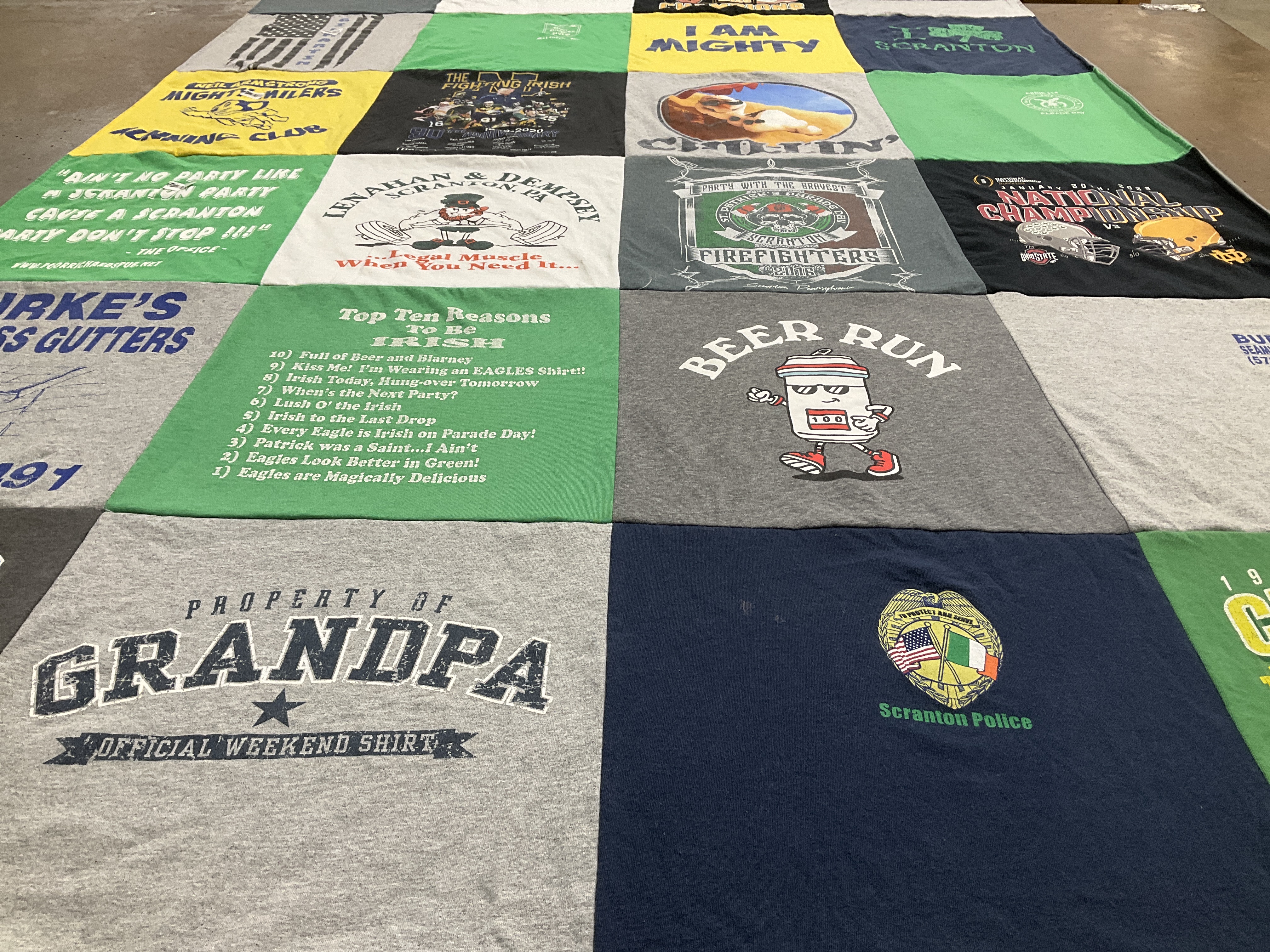 T-shirt quilt with beer, firefighting themes by M from PA