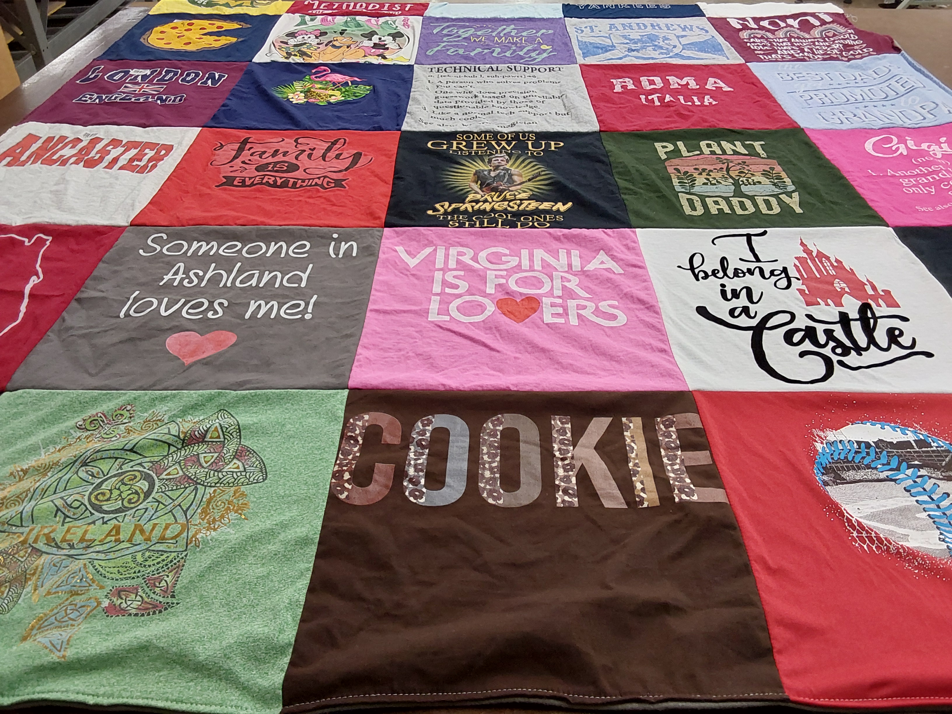 T-shirt quilt with family, travel themes by Bridget from PA